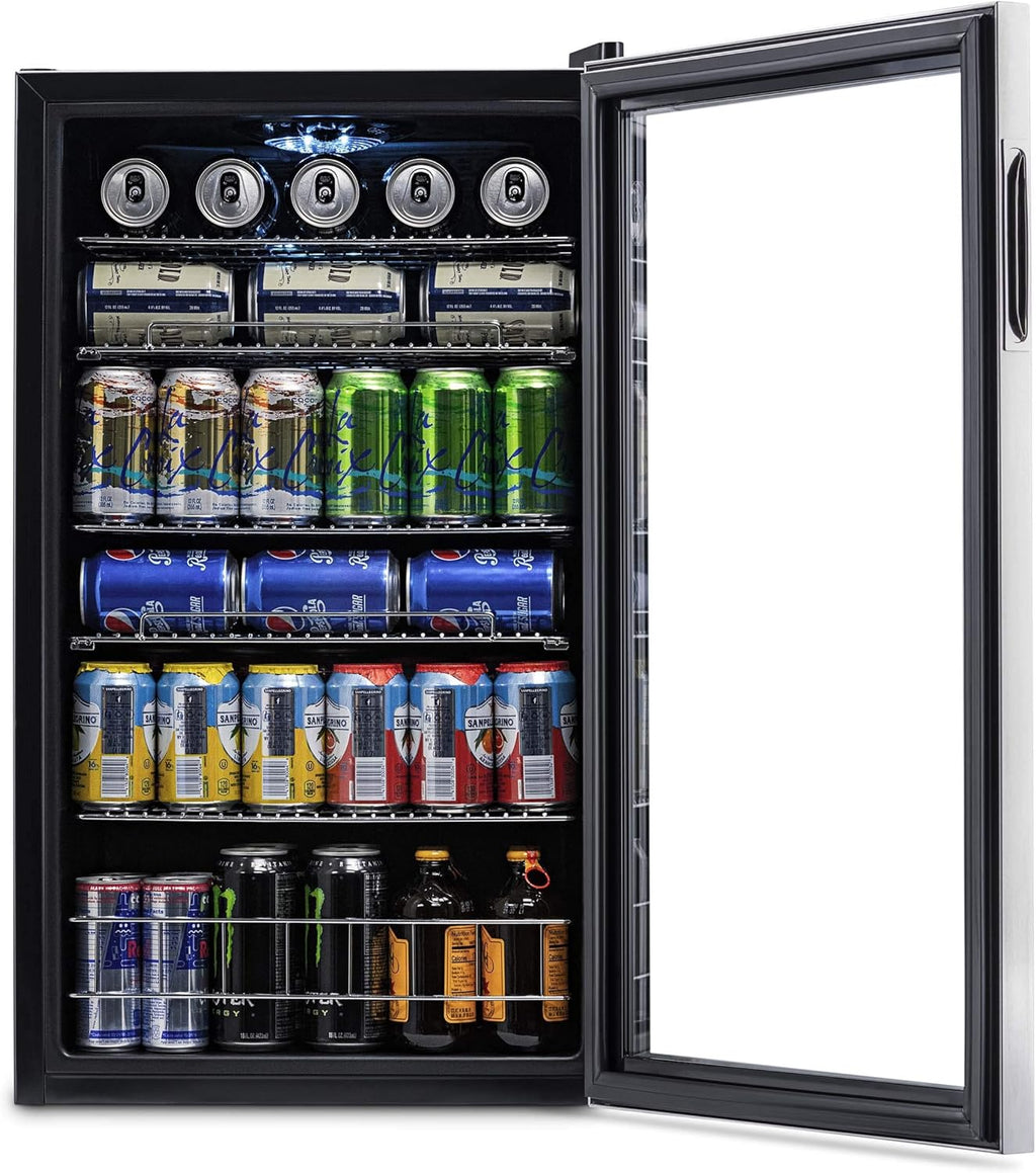 Getränkekühlschrank | Freistehender Kühlschrank für 126 Dosen mit Glastür mit Scharnier rechts | Mini-Getränkekühlschrank, perfekt für Bier, Wein, Limonade und kühlere Getränke