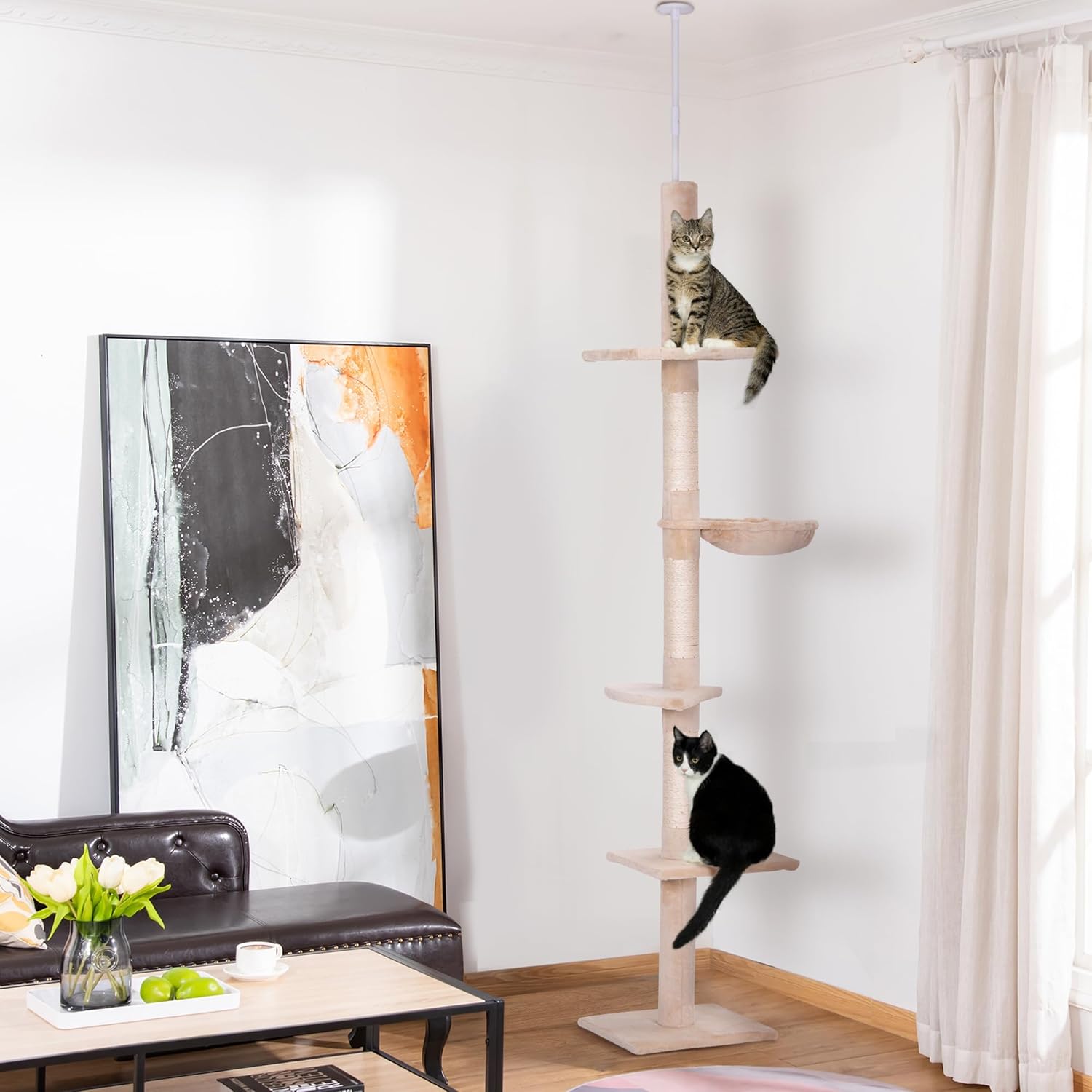 PawHut Katzenbaum mit Laufrad 4-Stock Kratzbaum Katzenhaus mit Sisalsäulen Katzenhöhle Kiefernholz Natur 80 x 50 x 143 cm