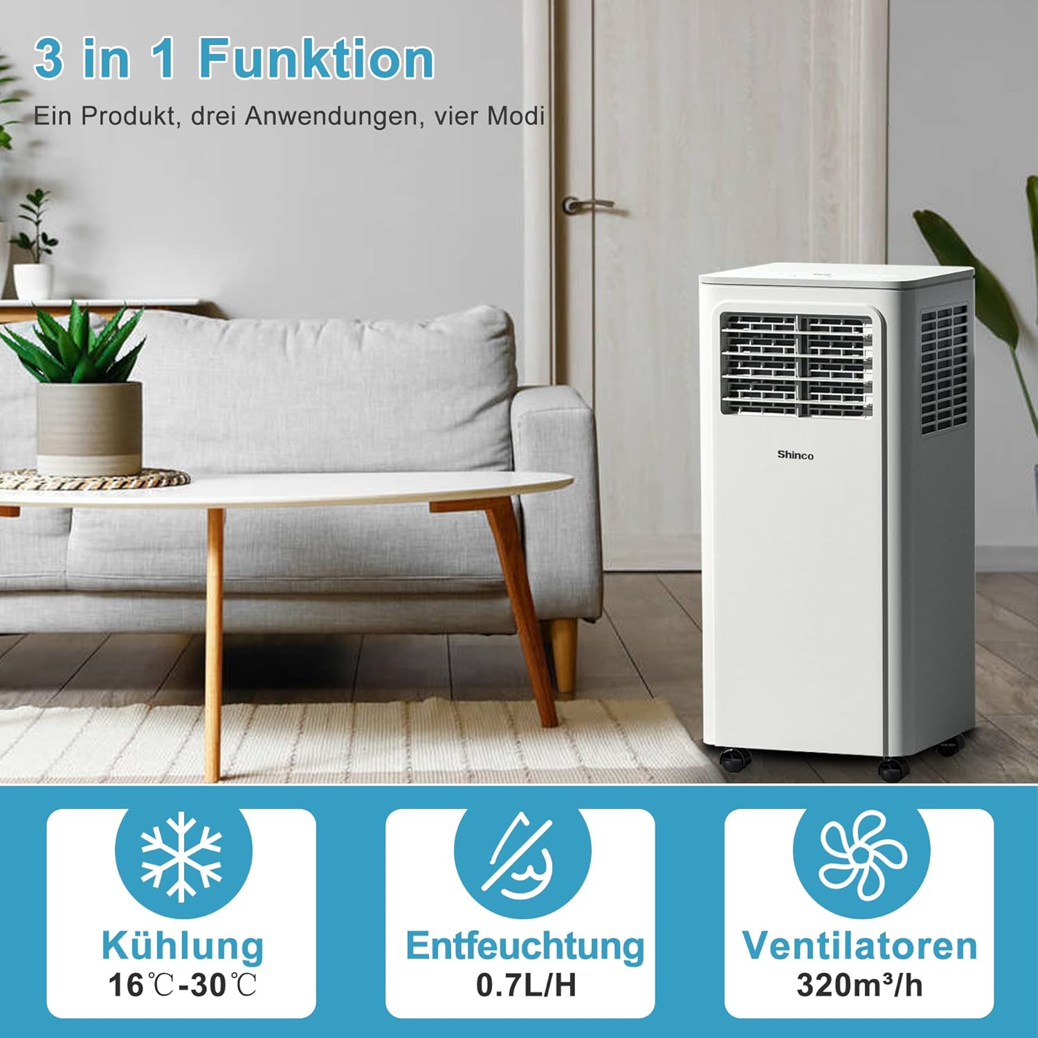 SHINCO Condizionatore Portatile con Tubo di Scarico, Climatizzatore 3-in-1 con Deumidificatore e Ventilatore, 7000BTU, 2,05 kW, Condizionatore Mobile con Modalità Notturna, Timer e Materiale di Montaggio, Ambienti Fino a 54m