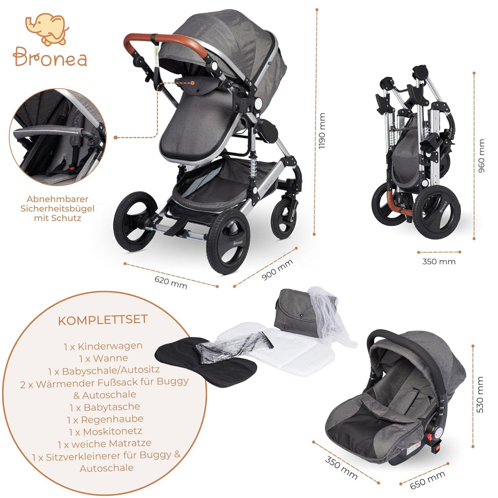 Bronea EXQUISE Kombi-Kinderwagen 3 in 1 INKL. MATRATZE | FARBAUSWAHL | Buggy, Auto-Babyschale, Zusammenklappbar mit Wickeltasche, Regenschutz, Mückenschutz & Sonnenschutz, Farbe:schwarz/champagne