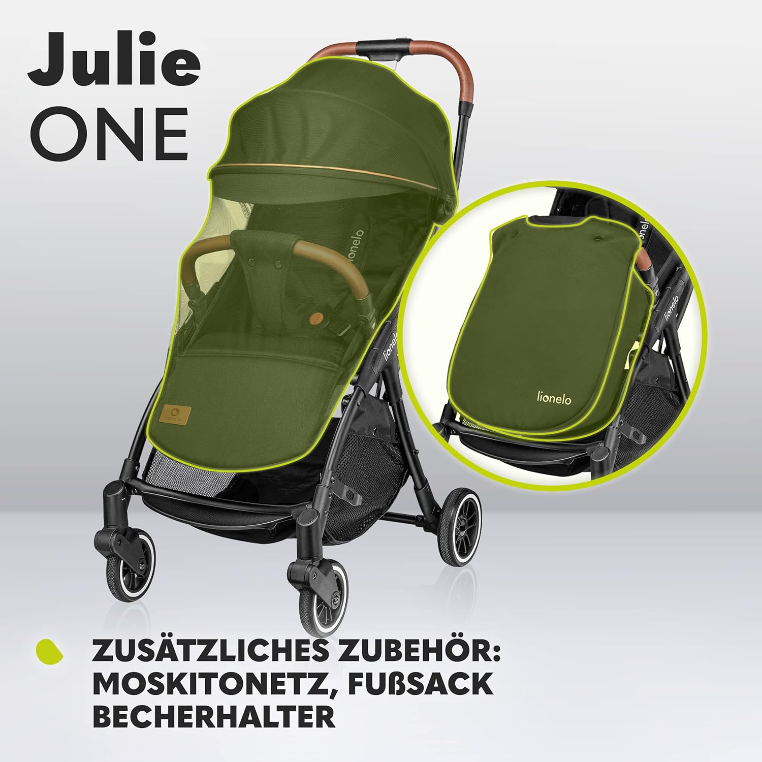 LIONELO Julie One Passeggino da 0 a 22 kg, schienale e poggiagambe regolabili, zanzariera, coprigambe, portabicchieri e borsa da trasporto, pieghevole