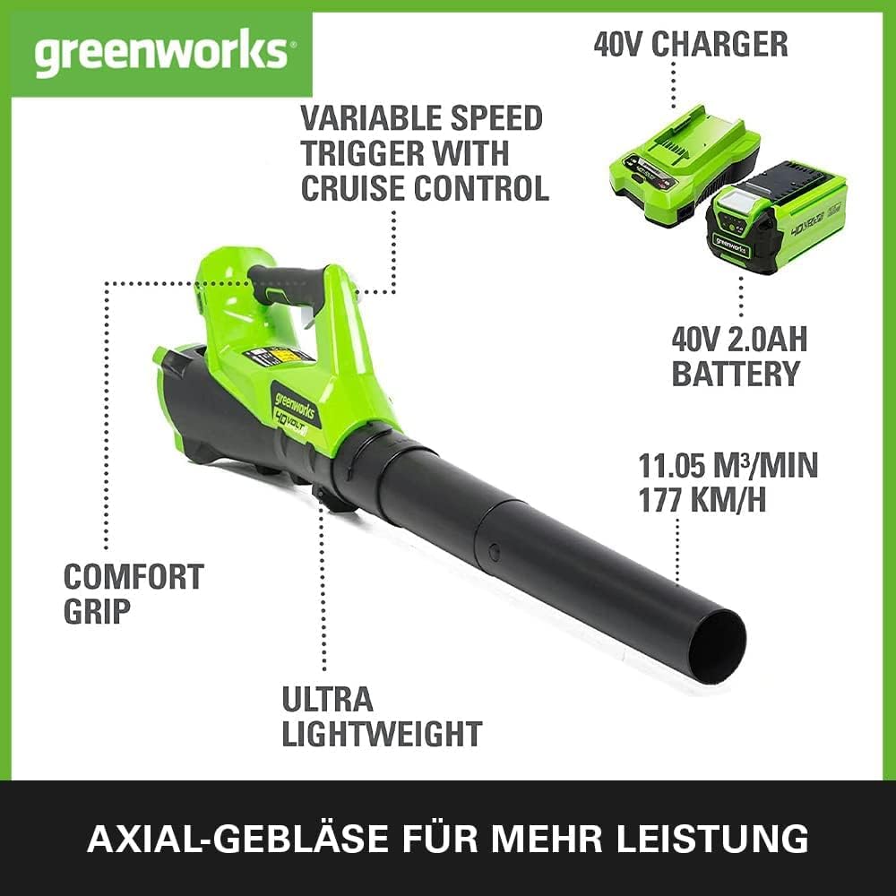 Greenworks G40ABK2 Axial Laubblser mit Tempomat, 177 km/h, 11,05 m/min, 40V 2Ah Batterie & Ladegert, 3 Jahre Garantie