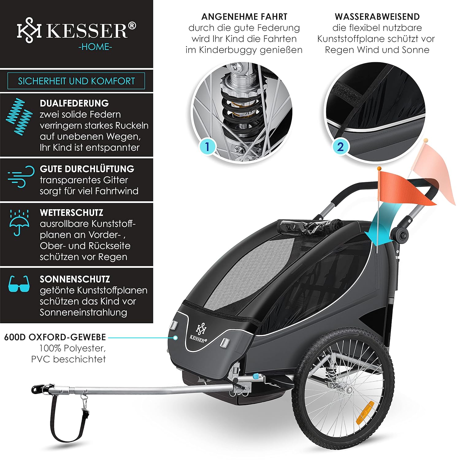 KESSER® Kinderanhänger Fahrradanhänger 360° Drehbar mit Federung 2in1 Joggerfunktion Kinderfahrradanhänger + 5-Punkt Gurt Jogger Fahrrad Anhänger für 1 bis 2 Kinder max. 40kg Inkl. Warnfahne, Schwarz