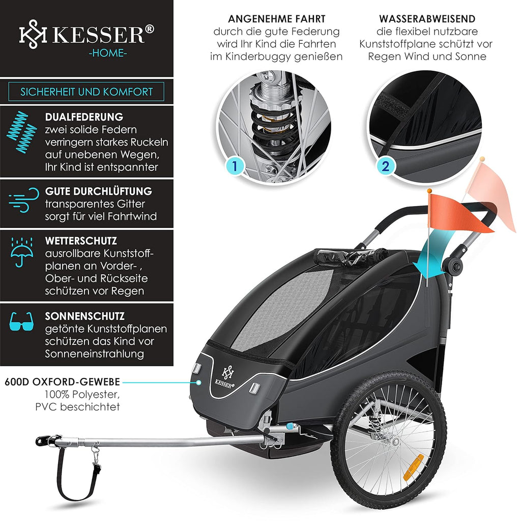 KESSER® Kinderanhänger Fahrradanhänger 360° Drehbar mit Federung 2in1 Joggerfunktion Kinderfahrradanhänger + 5-Punkt Gurt Jogger Fahrrad Anhänger für 1 bis 2 Kinder max. 40kg Inkl. Warnfahne Hellgrau