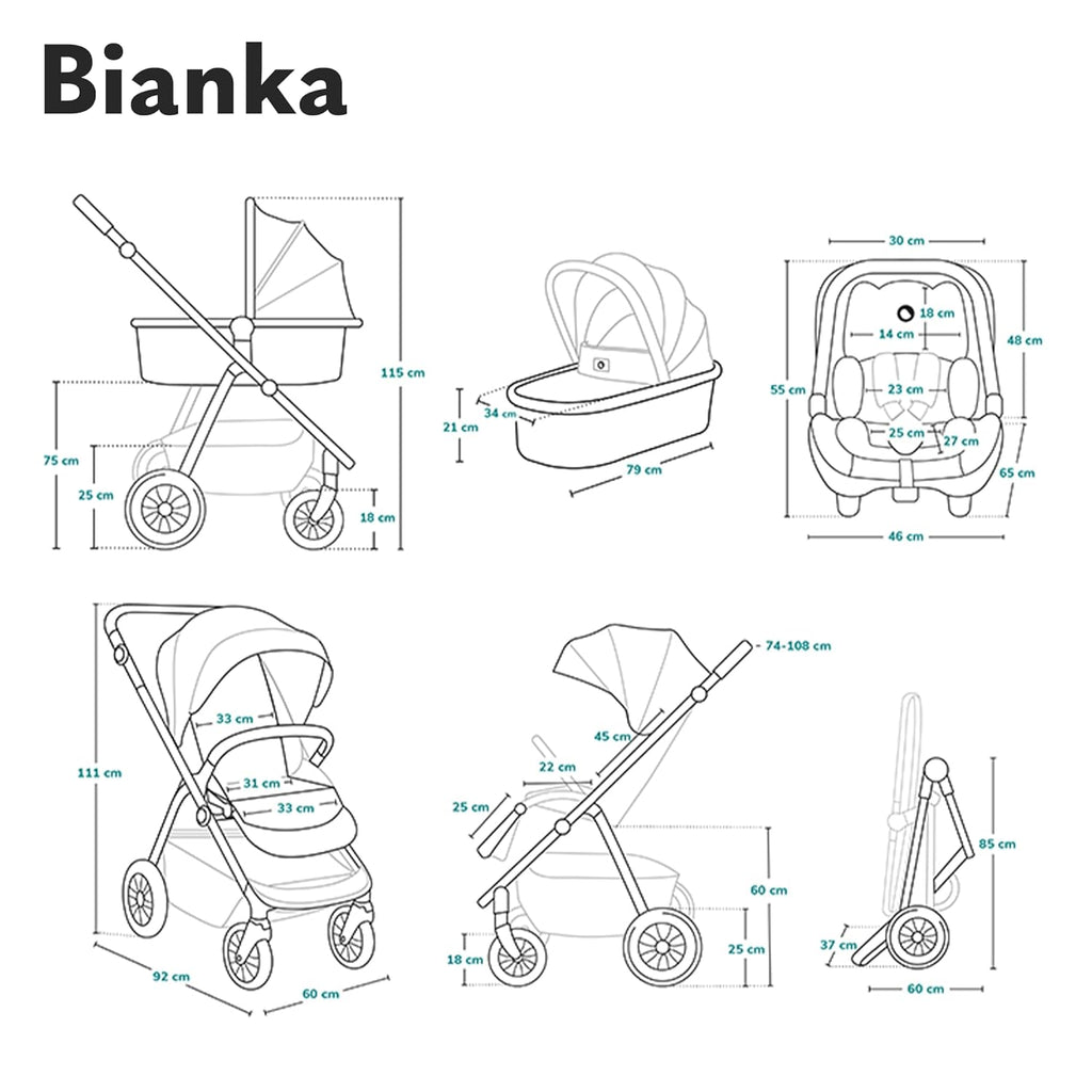 LIONELO BIANKA Kinderwagen 3 in 1 bis 22 kg Babywanne Autositz Zusammenlegbar, Reise-System, Einstellung der Rückenlehne, Räder 360o Stoßdämpfer, Verdeck XXL