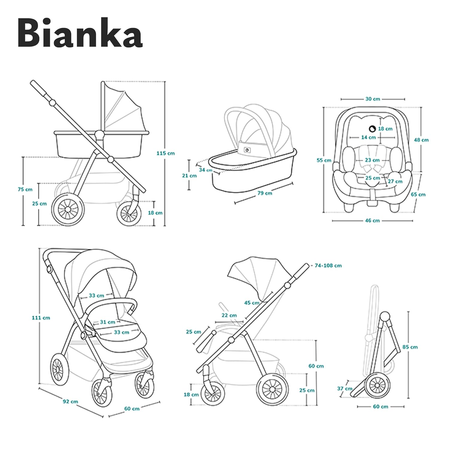 LIONELO BIANKA Kinderwagen 3 in 1 bis 22 kg Babywanne Autositz Zusammenlegbar, Reise-System, Einstellung der Rückenlehne, Räder 360o Stoßdämpfer, Verdeck XXL