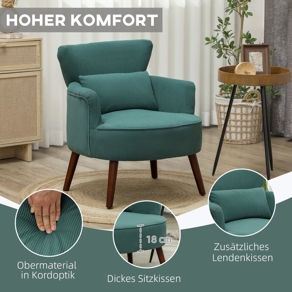 HOMCOM Poltrona da salotto imbottita morbida ed elastica con schienale a orecchie Verde scuro
