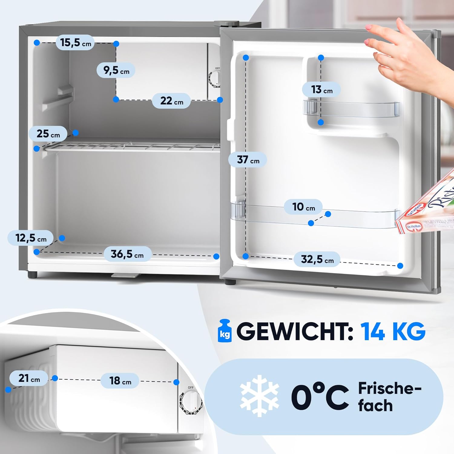 Stillstern Mini Kühlschrank E 45L mit Abtauautomatik, Schloss, Frostfach, Leise, Ideal für Küche, Büro, Schlafzimmer, Hotels und kleine Wohnungen Kühlschrank klein Minibar Getränkekühlschrank