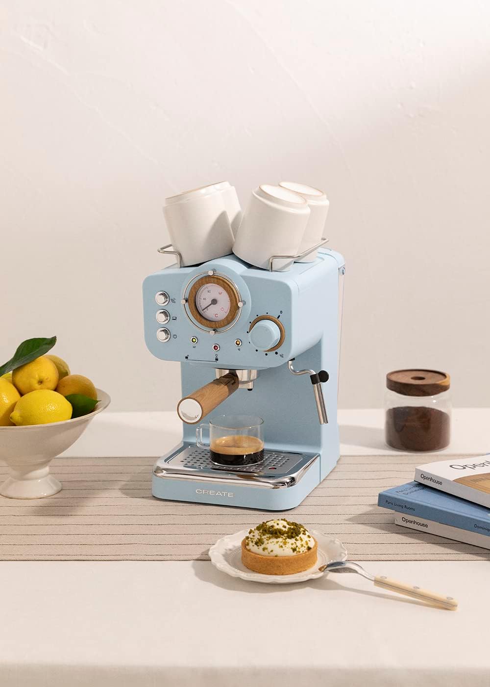 CREATE / THERA RETRO/Macchina da caffè espresso semiautomatica Rosa Pastello Opaco e Legno / Pompa a pressione 20bar, 1100W, Serbatoio acqua 1.25L, per caffè macinato, cialde ESE 55mm, con vaporizzatore, 1100W