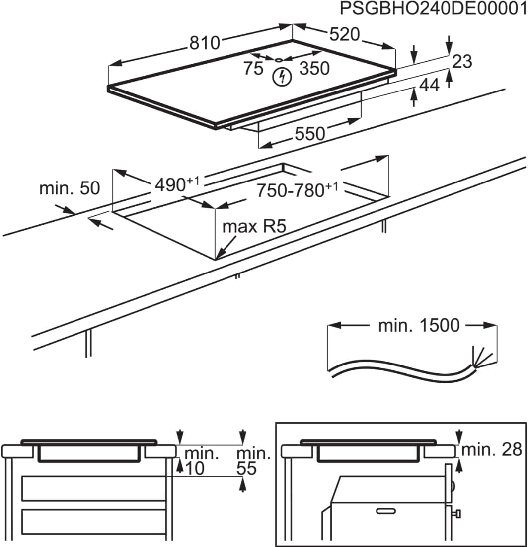 AEG piano cottura a induzione autonomo 80cm con cappa integrata / Prodotto in Germania / 4 zone cottura Flexi con funzione Bridge (combinazione di 2 zone) / Funzione automatica della cappa / Filtro a carbone attivo / COLI84COXB