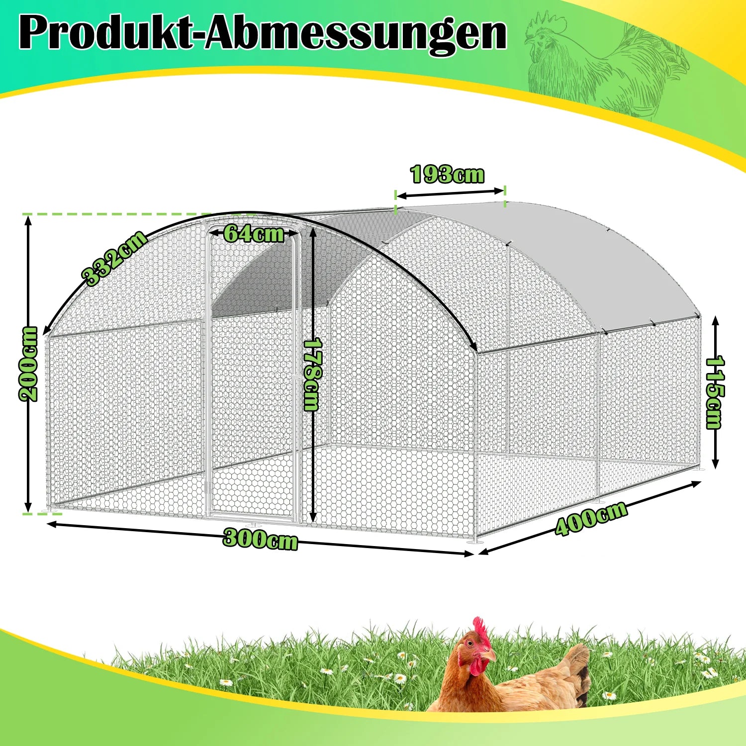 Sonnewelt Hühnerstall Freilaufgehege Kuppeldach Verzinktem Stahl 3x4x2m