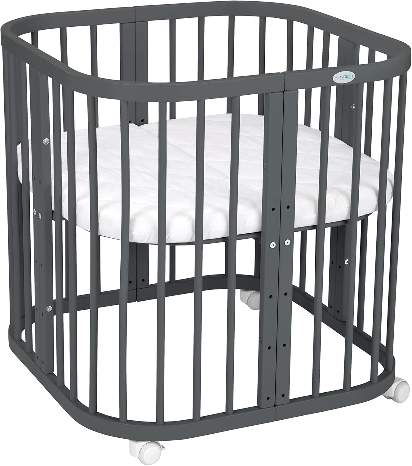 Waldin Lettino per bambini in legno 7in1 con materasso, Letto "Cresci con me", Ventilato, Base regolabile in 5 altezze, Set All-Inclusive, Legno Bianco