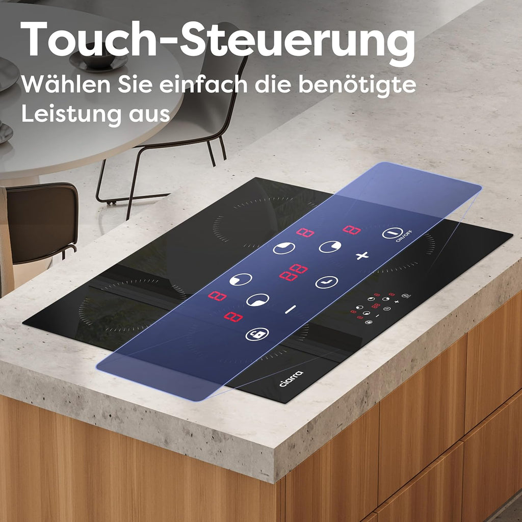 Ciarra CABBIH4-C 4 Zonen Einbau Induktionskochfeld 60cm Kochfeld Induktion Herdplatte Touch-Bedienung mit 4 Platten 9 Leistungsstufen Induktionskochplatte Timer 6000W