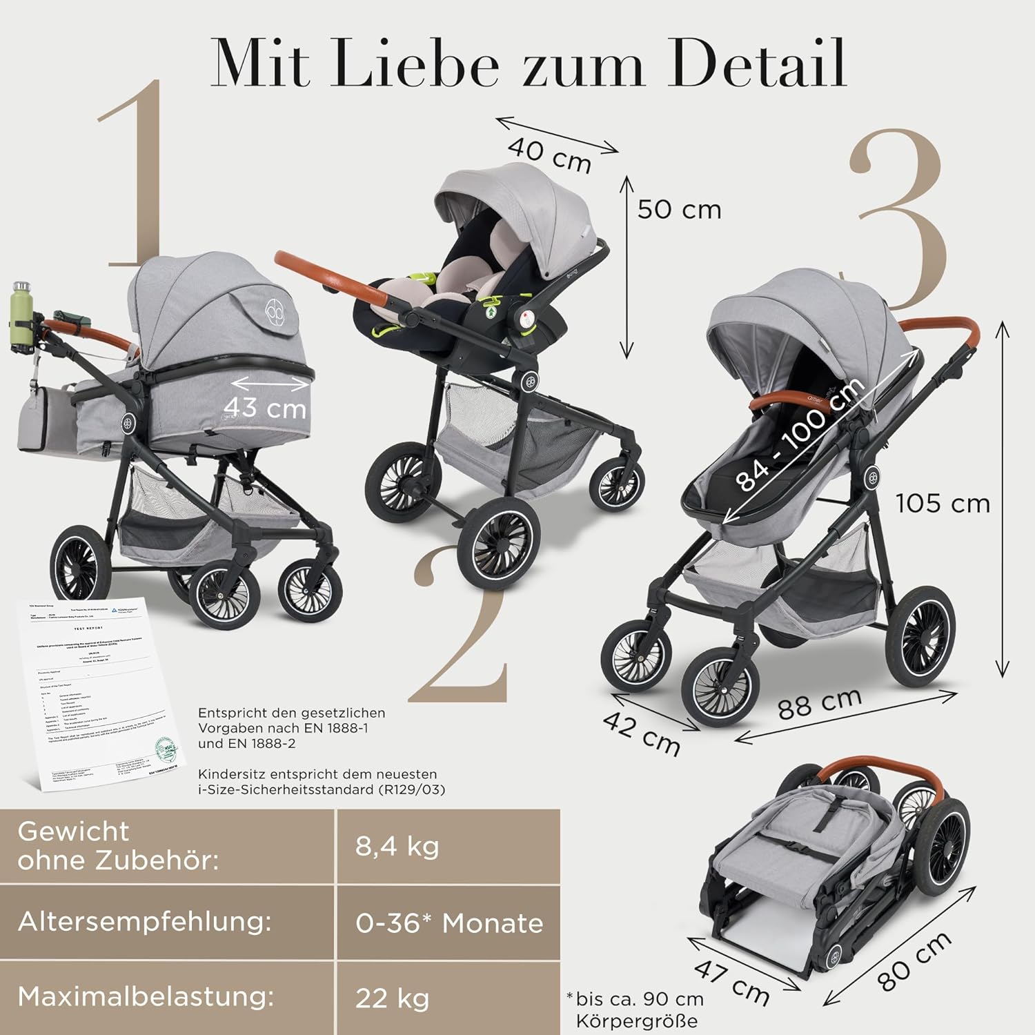 Kinderwagen [3 in 1] - Babyschale, klassischer Babywagen & Autositz in einem Set | Buggys, Kinder Wagen, Baby Stroller | Höchste Sicherheit Inkl. Isofix & 5-Punkt-Sicherheitsgurt | AMOR BABY Primus