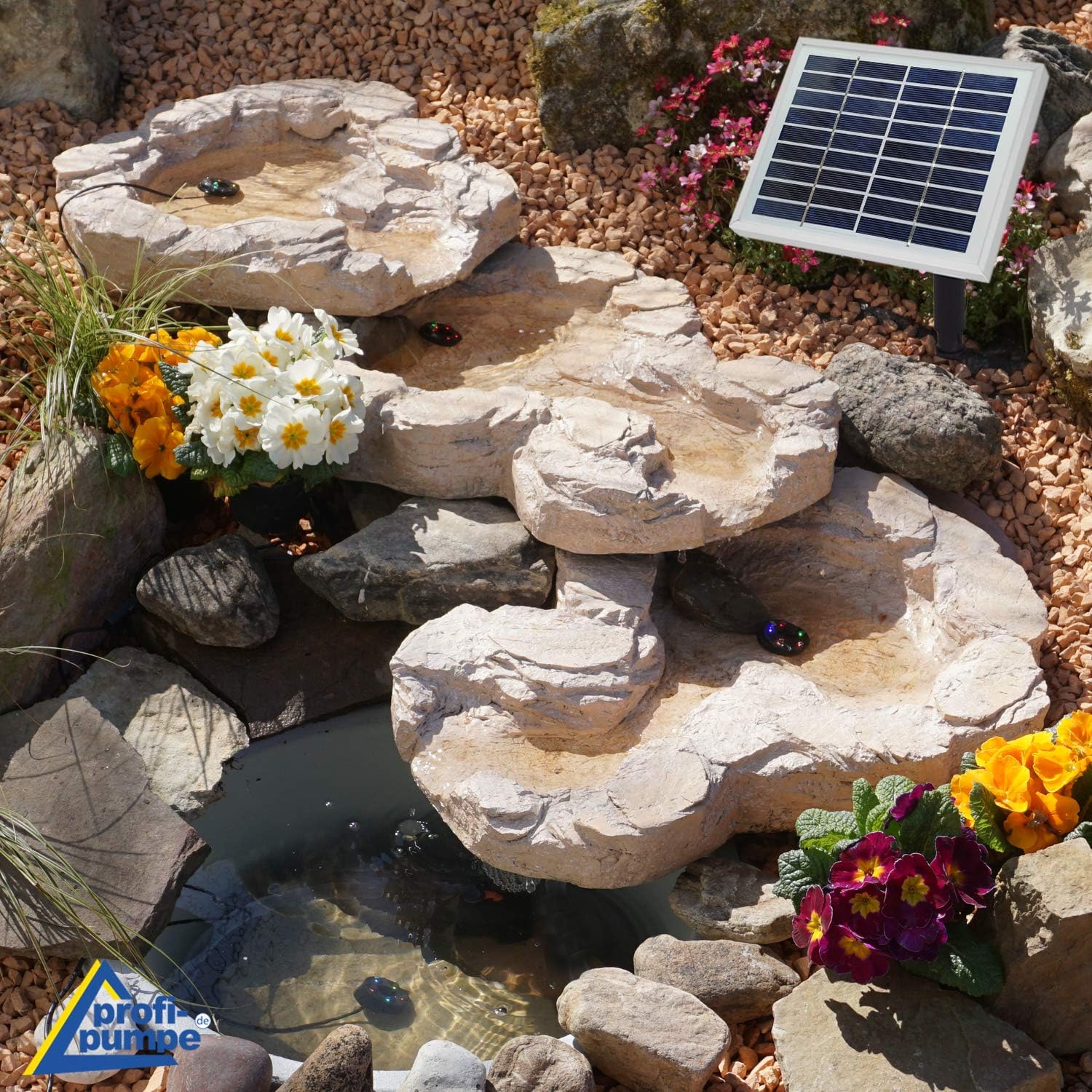 Fontana solare da giardino Bachlauf QUELLBACH II con luce LED/sistema ibrido, FONTANA ORNAMENTALE a 230V, BAGNO PER UCCELLI, CASCATA, LAMPADA DA GIARDINO, POMPA PER STAGNO - GIOCO D'ACQUA per giardino, laghetto da giardino, laghetto