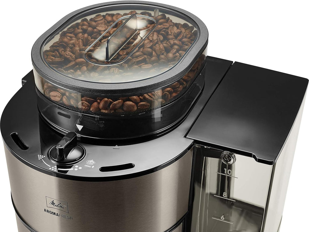 Melitta AromaFresh - Macchina da caffè con filtro - con caraffa in vetro - macinacaffè integrato - funzione timer - 10 tazze - Pure Black