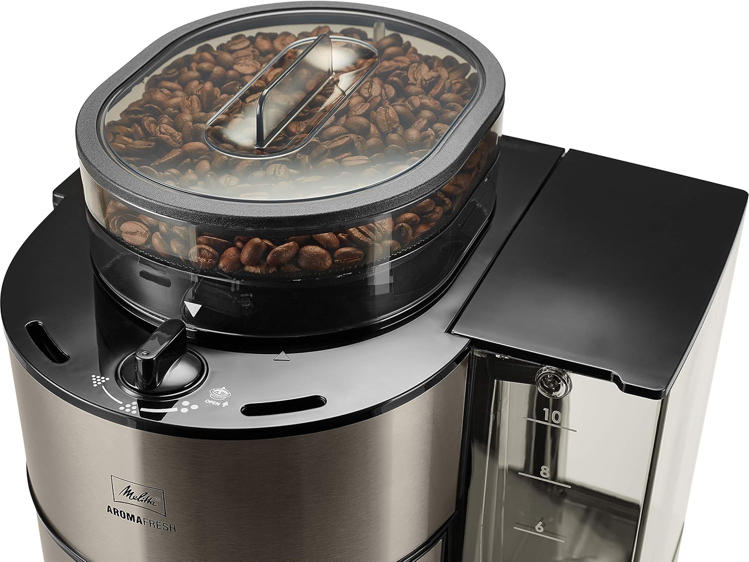 Melitta AromaFresh - Macchina da caffè con filtro - con caraffa in vetro - macinacaffè integrato - funzione timer - 10 tazze - Pure Black