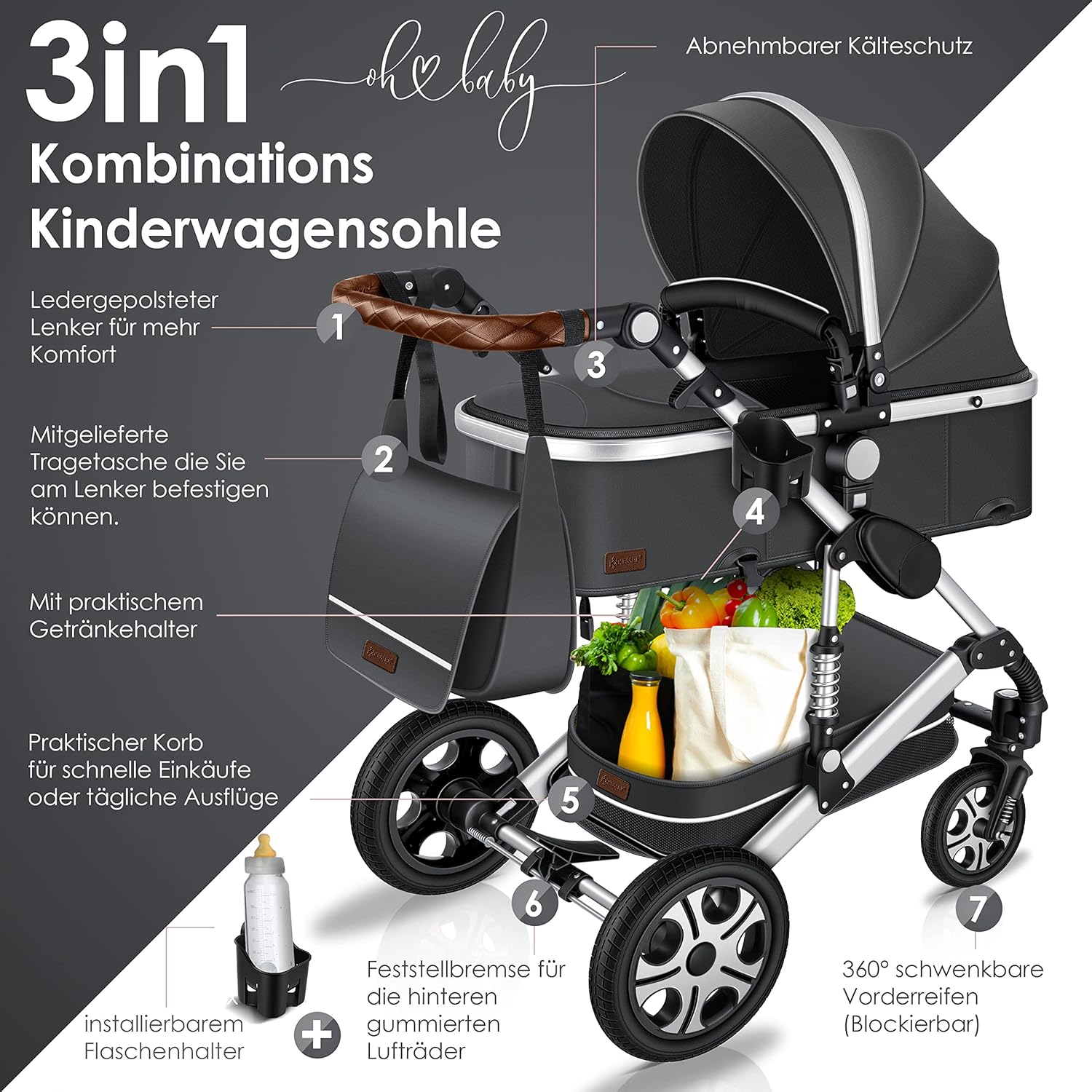 KESSER Loops 3 in 1 Passeggino Combinato, Set Completo con Navicella, Seduta Sportiva Buggy e Seggiolino Auto Ovetto, Gomme Piene, Borsa Fasciatoio, Parapioggia, Tavolino, ECE R129, Nero/Champagne