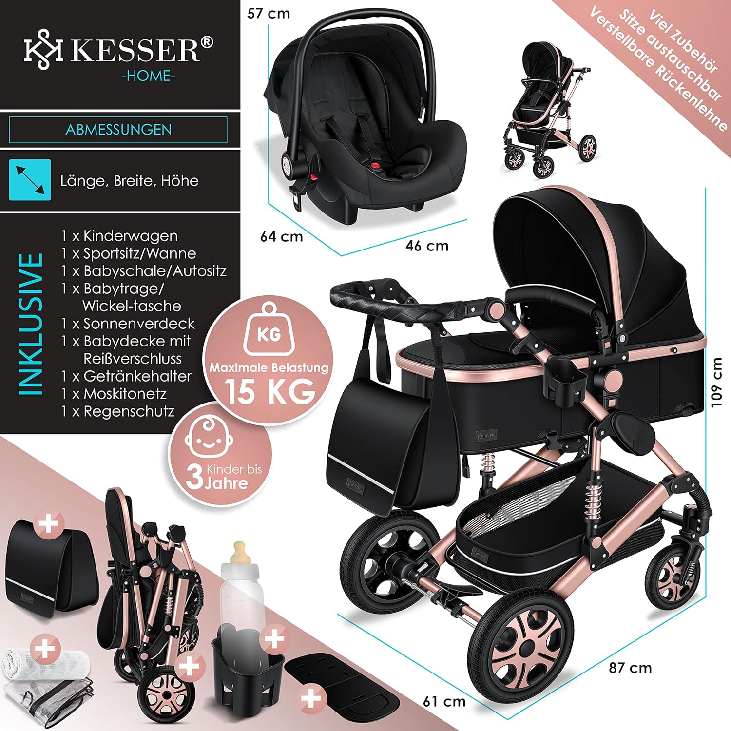 KESSER Loops 3 in 1 Passeggino Combinato, Set Completo con Navicella, Seduta Sportiva Buggy e Seggiolino Auto Ovetto, Gomme Piene, Borsa Fasciatoio, Parapioggia, Tavolino, ECE R129, Nero/Champagne