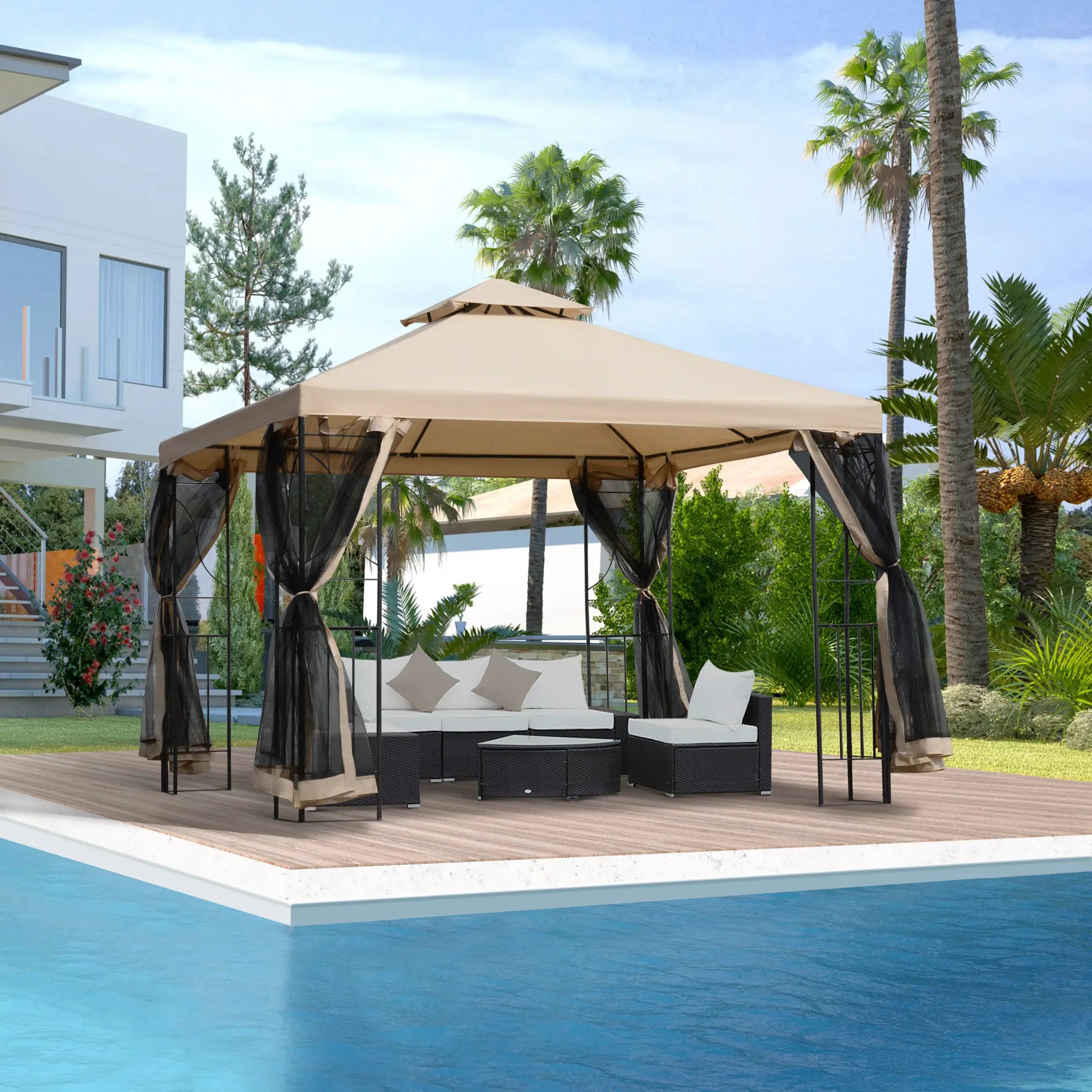 Outsunny Gazebo da Giardino con Doppio Tetto, Ripiani e Pareti Laterali in Rete