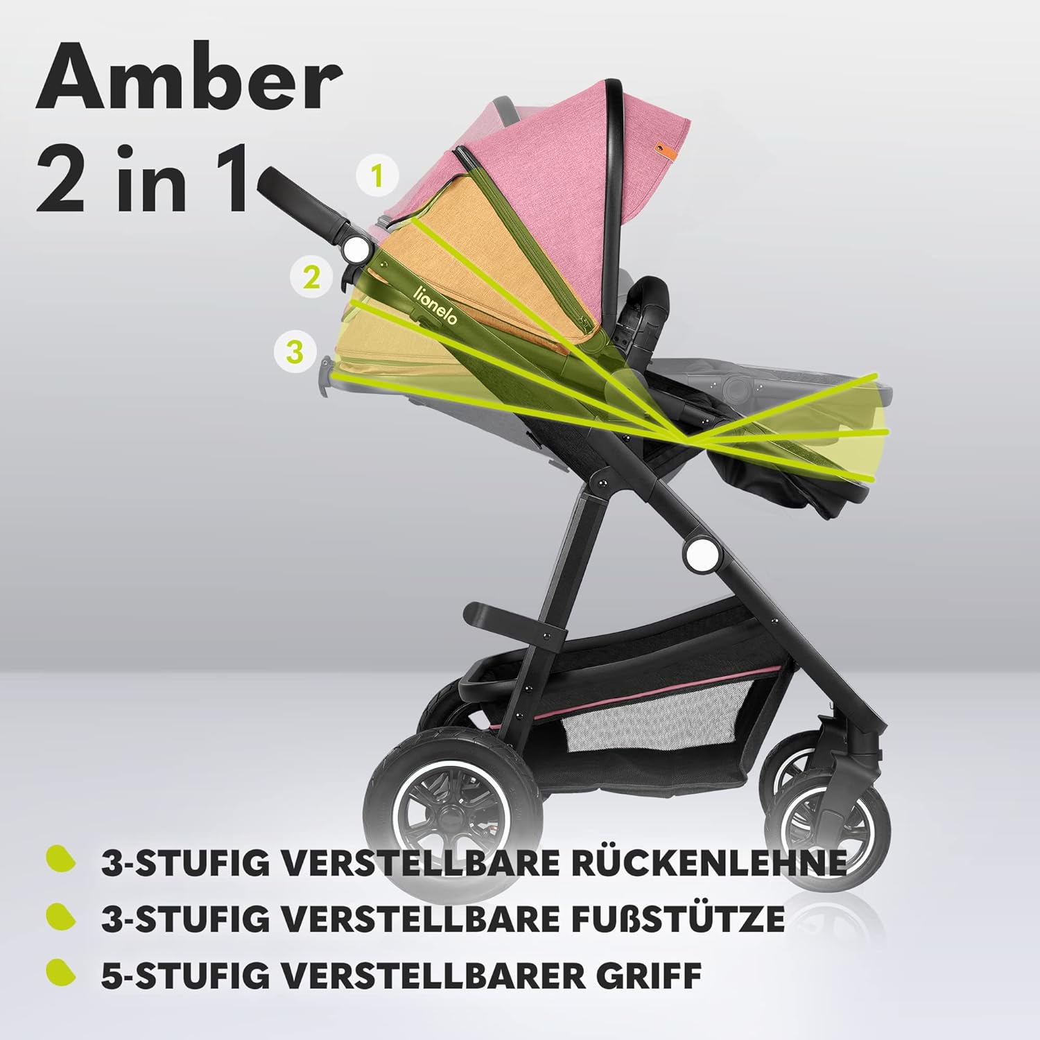 LIONELO Amber Kinderwagen 2 in 1 Kombikinderwagen, Kinderwagen Set mit sportlichen Sitz und fester Babywanne, Tasche, Moskitonetz, Abdeckung Regenblatt (Graphit)