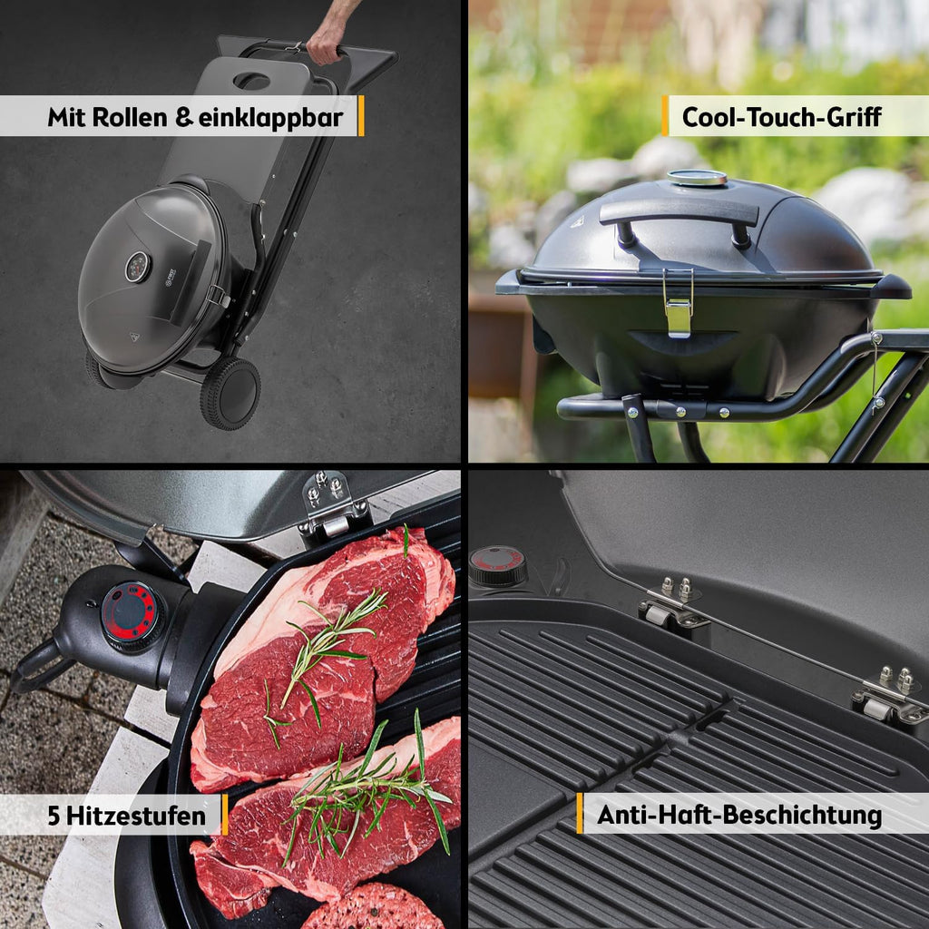 TZS First Austria Grill Elettrico 2in1 – Barbecue Elettrico Pieghevole ed Estremamente Stabile per Balcone – Grill da Tavolo Rimovibile da 2400 Watt con Coperchio, Piedistallo e Ruote, Plastica/Metallo – con Termostato