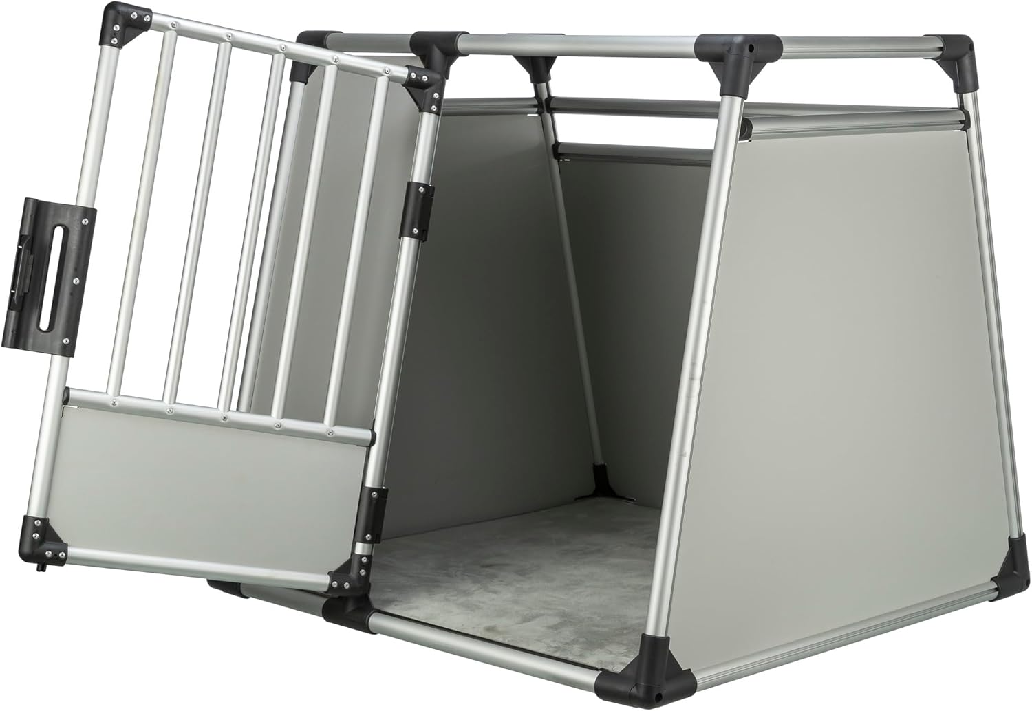TRIXIE Hunde-Transportbox Aluminium in silber – M: 55 × 62 × 73 cm, stabile und geräuscharme Hundebox mit abgeschrägten Seiten, Sicherheitsverschluss & rutschfester Liegematte – 39342