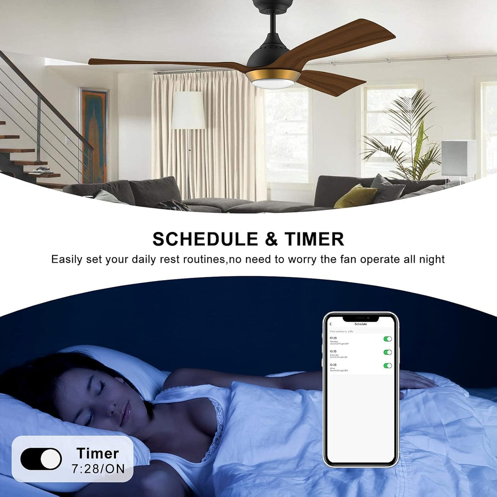 reiga Ventilatore da soffitto WiFi 132 CM con illuminazione a LED dimmerabile e telecomando, 3 temperature di colore, motore DC 6 velocità, compatibile con l'App Alexa Google Home, legno e marrone