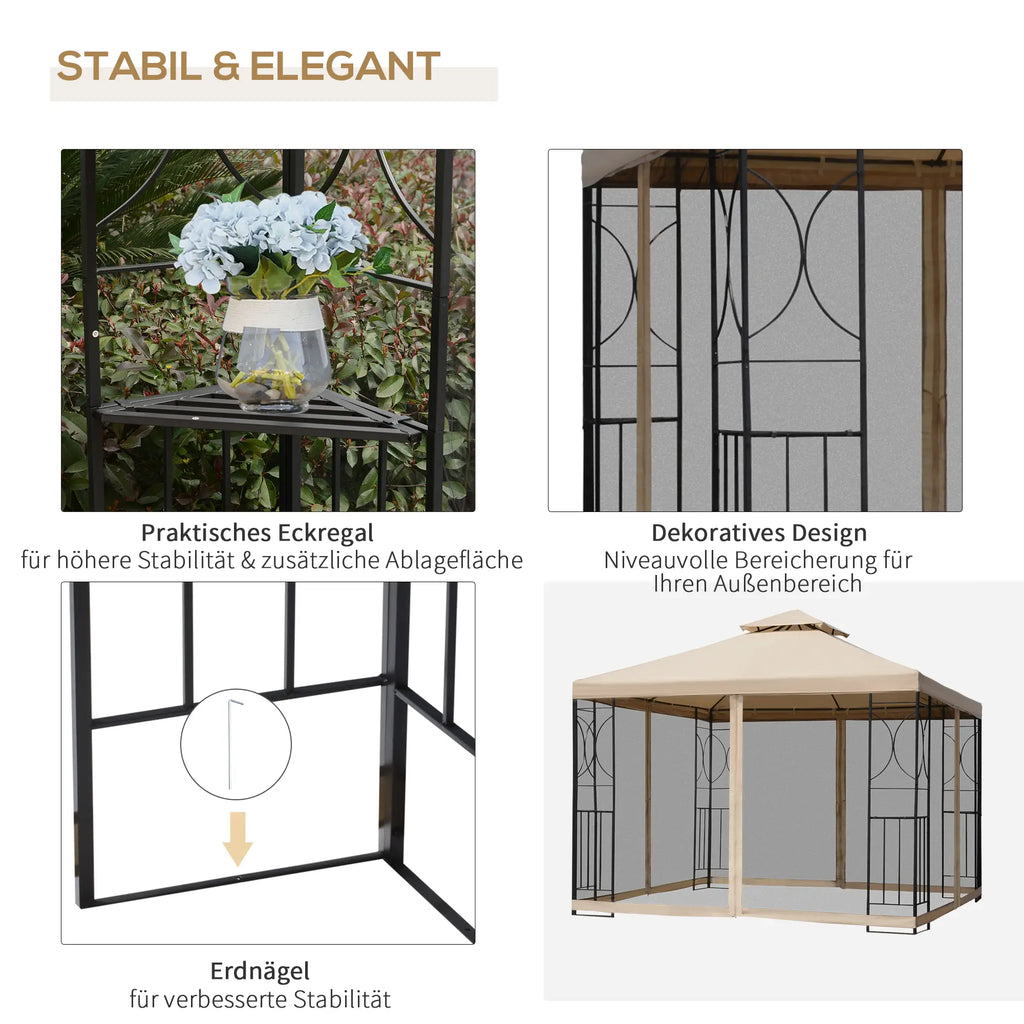 Outsunny Gazebo da Giardino con Doppio Tetto, Ripiani e Pareti Laterali in Rete