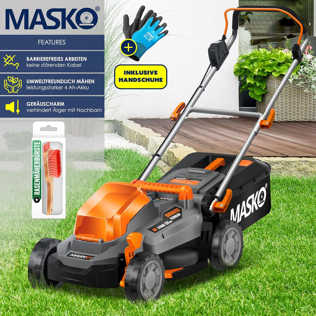 MASKO® Akku Rasenmäher mit Mulchfunktion inkl. 2X Akkus Li-Ion Batterie 4Ah & Doppel-Ladegerät – Rasentrimmer Schnittbreite 37cm, 6-fache 25-75mm Schnitthöhenverstellung Fangkorb 40L bis 600m² Flächen