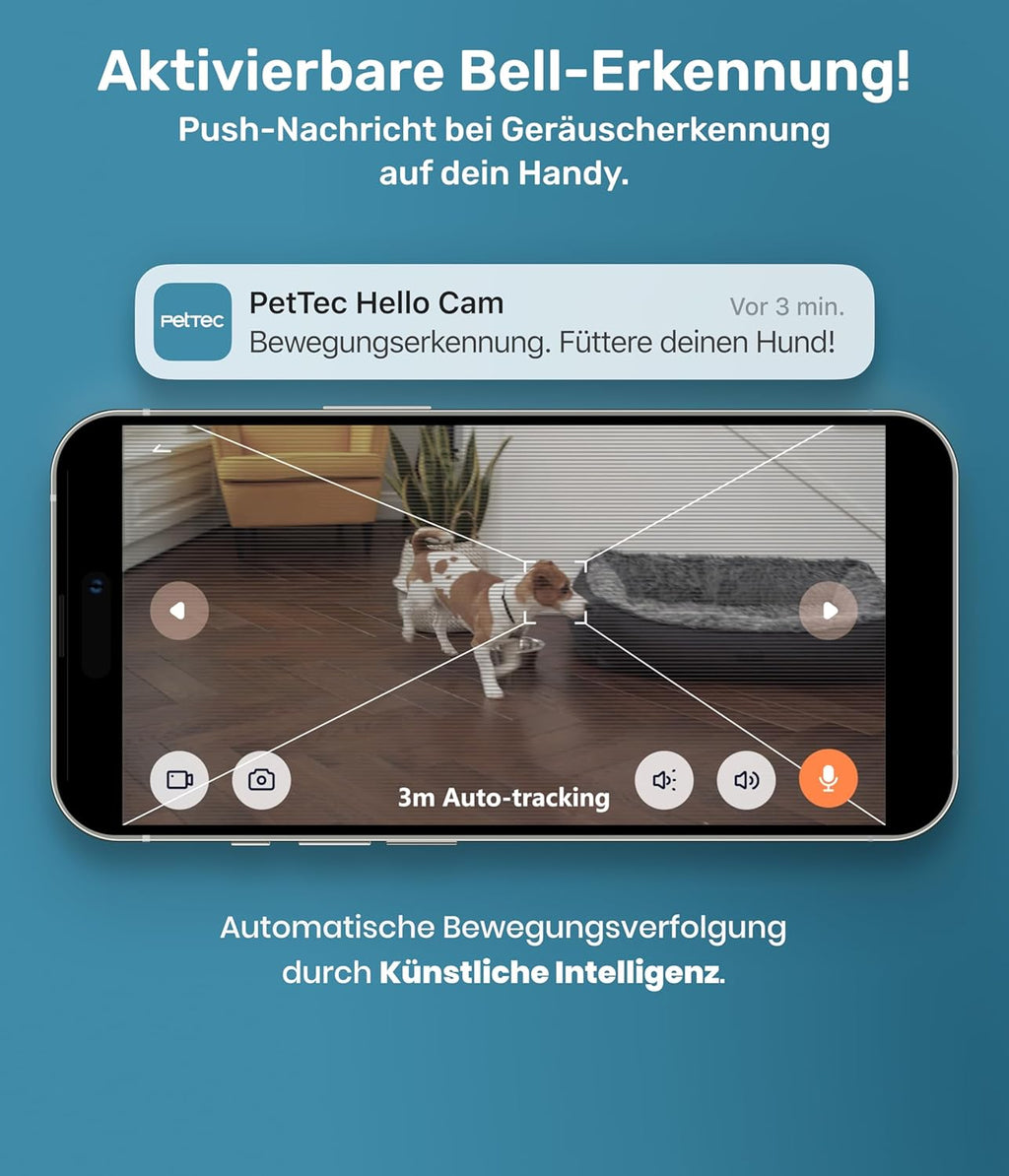 PetTec Videocamera per animali domestici a 360° e distributore automatico di cibo con espulsione di crocchette - tramite App e pulsante multifunzione - Rilevamento dei latrati - Funzione visione notturna 3MP - Telecamera per cani e gatti