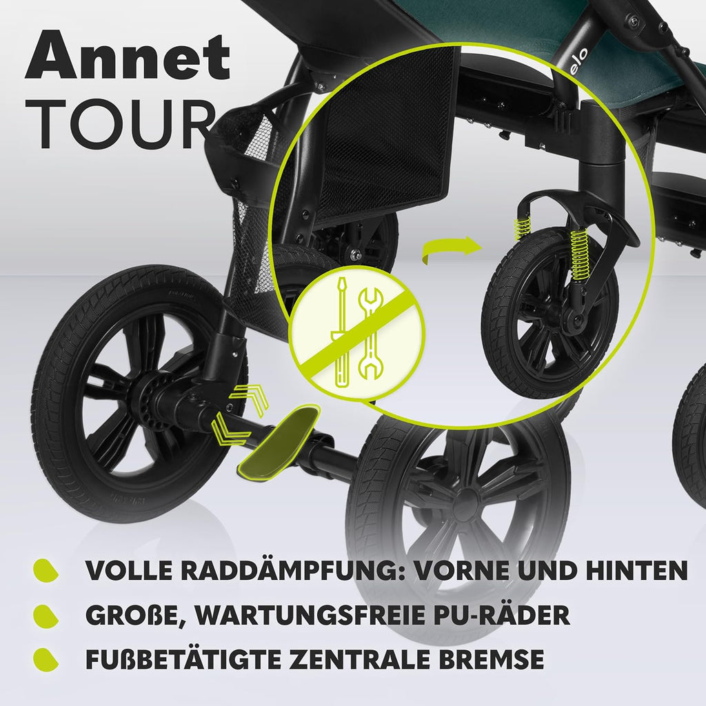 LIONELO Annet Tour Kinderwagen bis 22 kg, verstellbarer Griff, zusammenklappbar, verstellbare Rückenlehne bis zur Liegeposition, wartungsfreie Räder, XXL-Verdeck, 5-Punkt-Gurt, Einkaufskorb