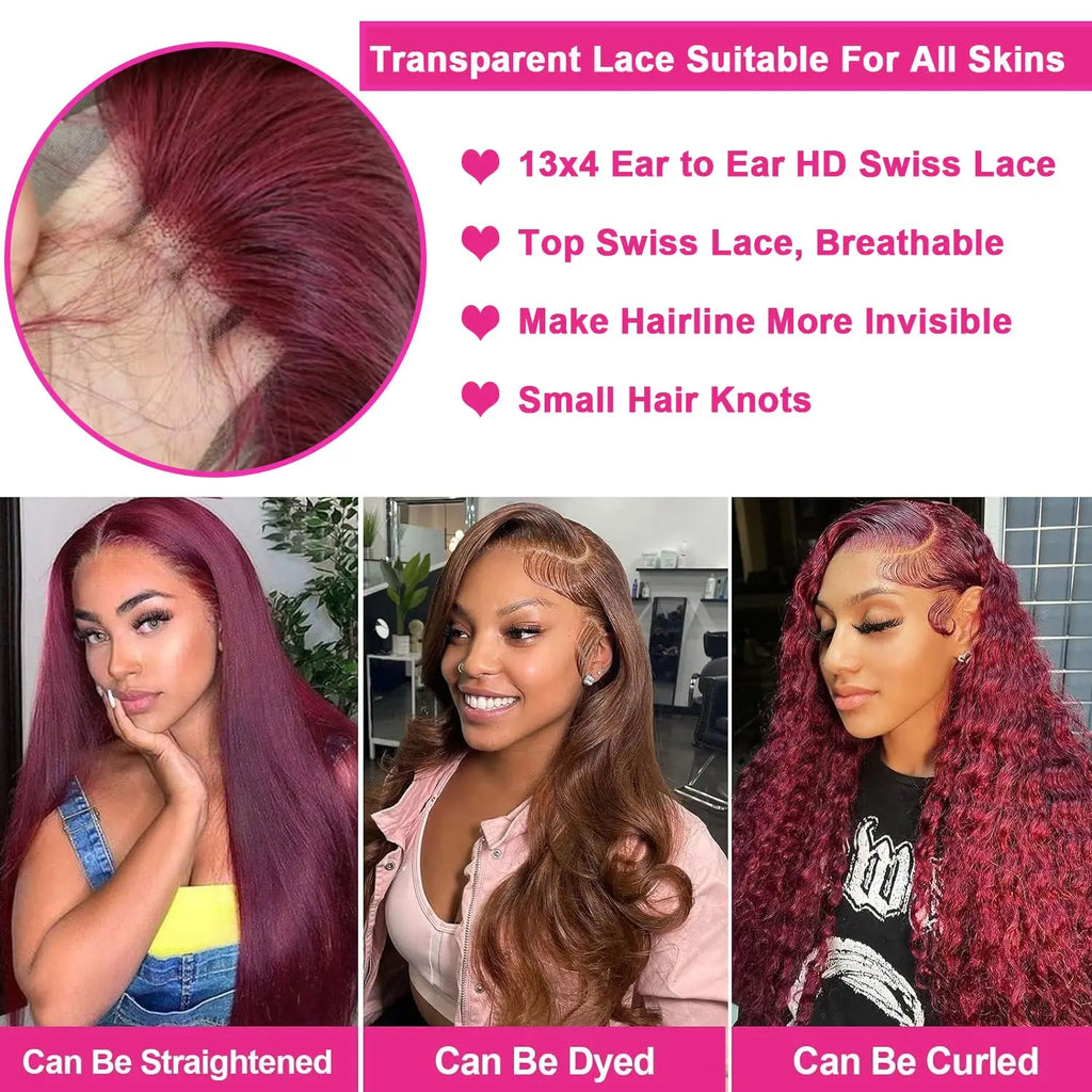 Bellezza infuocata: Parrucca Body Wave bordeaux con parte frontale in pizzo 99J in capelli veri