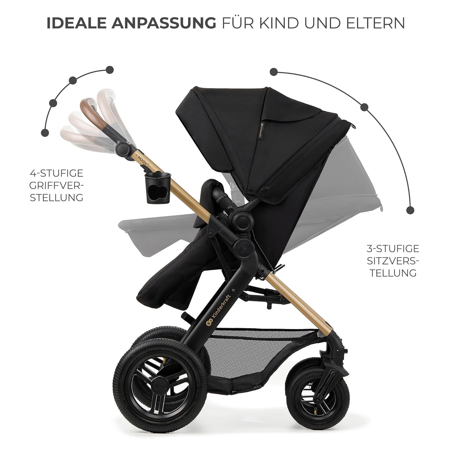 Kinderkraft MOOV2 AIR Passeggino 3 in 1 Set Passeggino fino a 26 kg con seggiolino auto I-SIZE 40-75 cm, funzione passeggino, schienale reclinabile, ampia capottina estensibile, ruote gonfiabili, nero