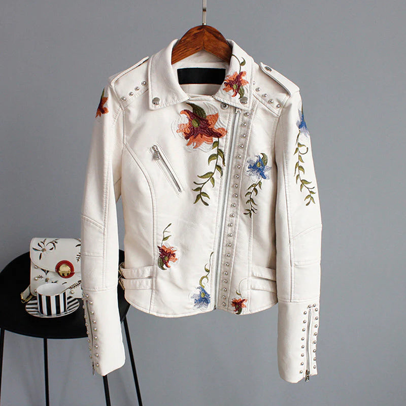Floral leather jacket with artisanal detailing