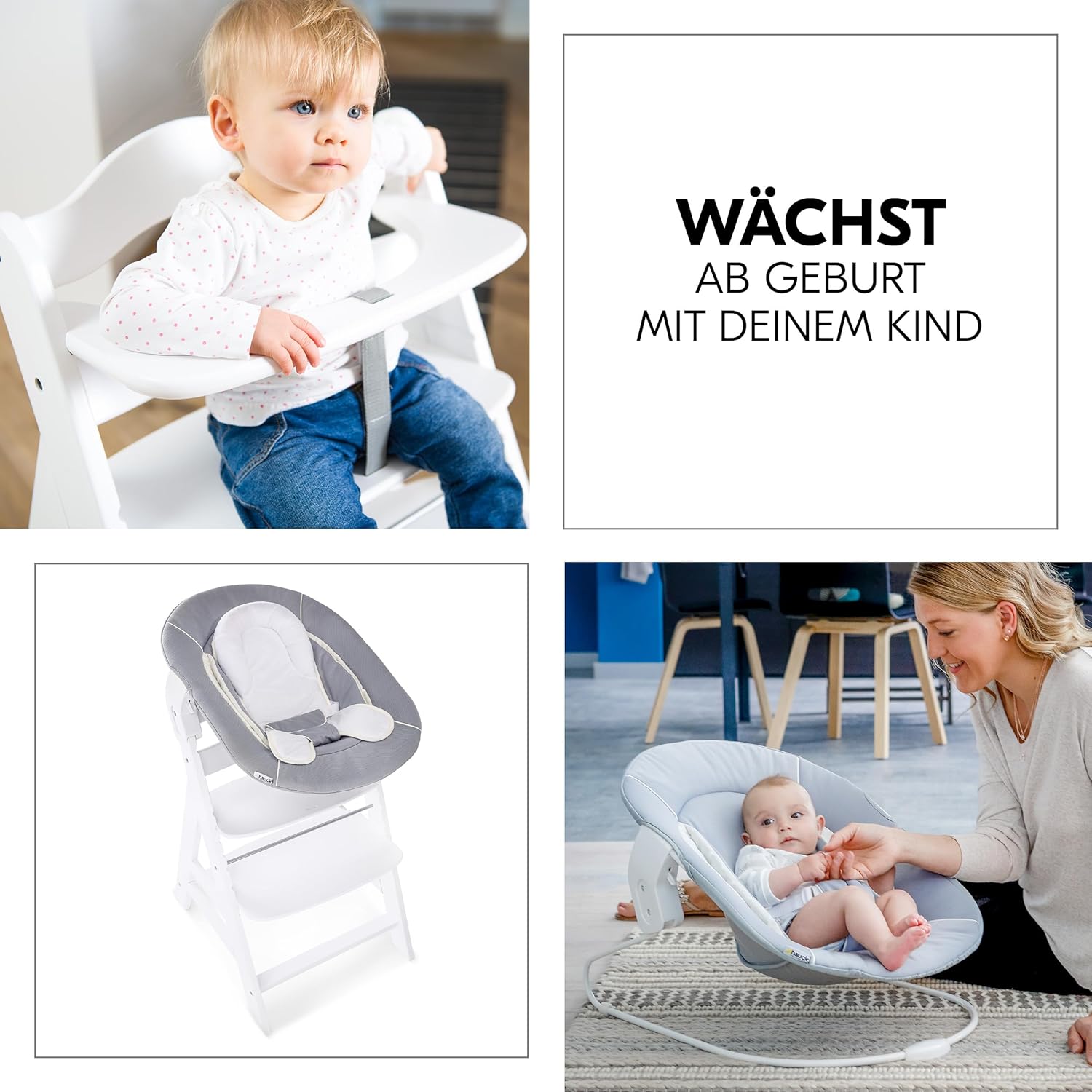 hauck Hochstuhl Alpha Plus Newborn Set mit 2in1 Bouncer - Mitwachsender Holz Babyhochstuhl ab Geburt, inkl. Sitzauflage & Neugeborenenaufsatz - Dark Grey