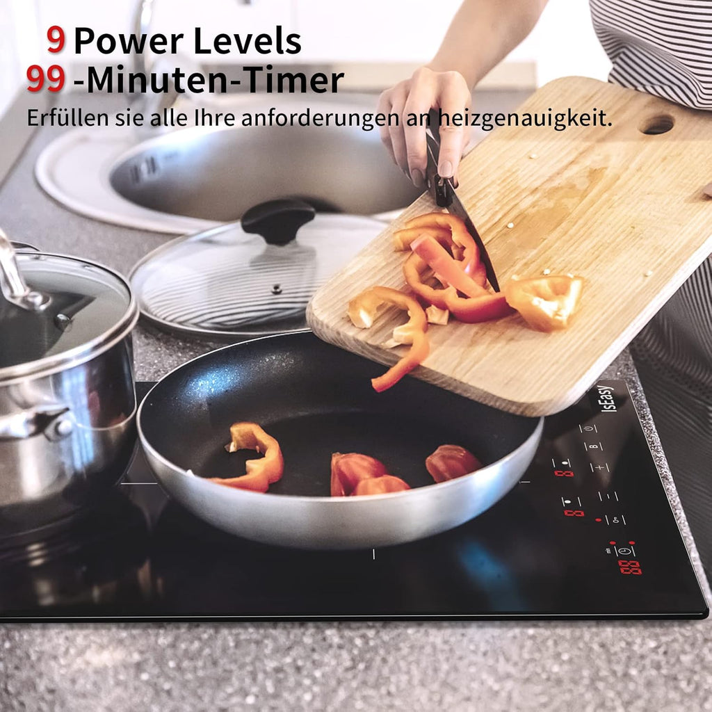 IsEasy 4 Zonen Einbau Induktionskochfeld mit 9 Leistungsstufen &1-99Min Timer, Boost-Funktion, Induktionskochplatte, Induktion Herdplatte mit 4 Platten, 60cm, 6800W, Schwarz