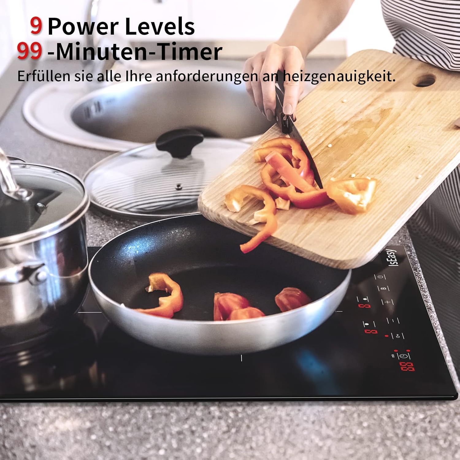 IsEasy 4 Zonen Einbau Induktionskochfeld mit 9 Leistungsstufen &1-99Min Timer, Boost-Funktion, Induktionskochplatte, Induktion Herdplatte mit 4 Platten, 60cm, 6800W, Schwarz