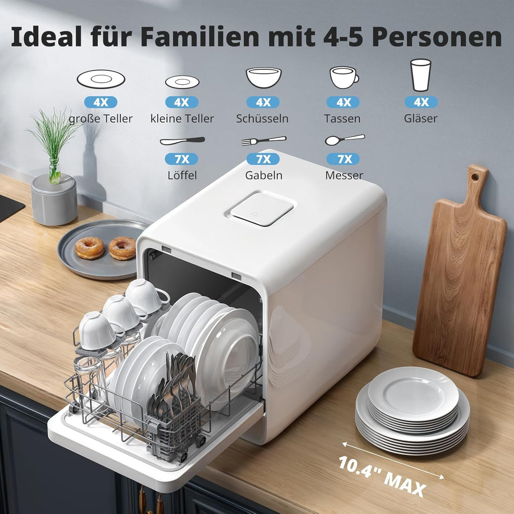AIRMSEN Tischgeschirrspüler Mini Geschirrspüler mit wassertank klarspüler spülmaschine mit 9 Programme 37 * 50cm Ultra-Schmal & Tief, 1-24H Timer, 360° Doppelspray Schlauch-/Schlauchlos Weiß (Weiß)