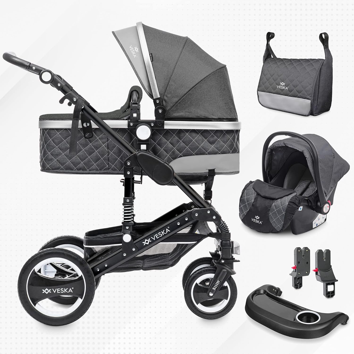3 in 1 Kombi-Kinderwagen inkl. Babyschale, Buggy, Jogger mit Wickeltasche, Moskitonetz, Regencover, Spieltisch, Autoschale Fußsack, QuickFold, Aluminiumrahmen (Silber - anthrazit/grau)