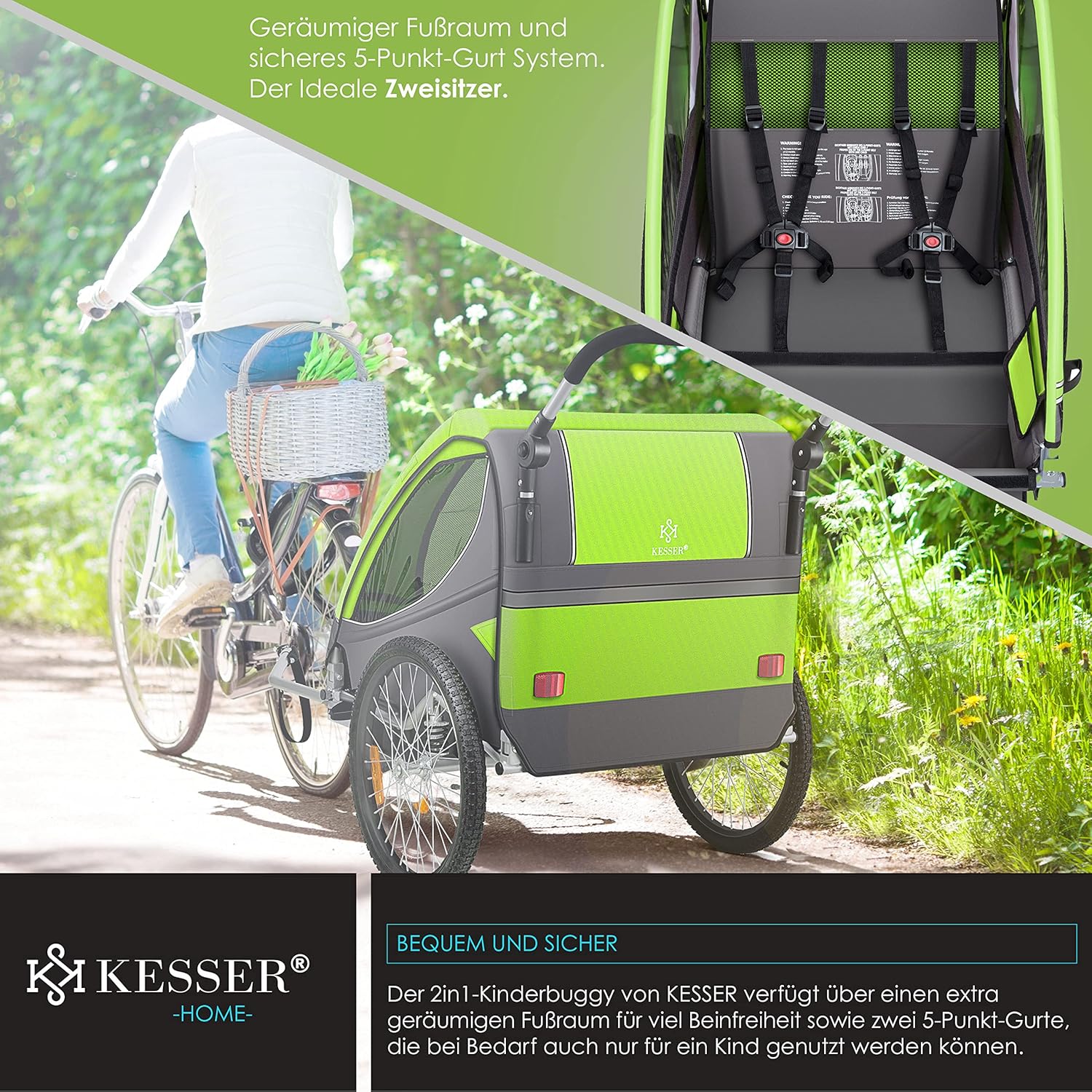 KESSER® Kinderanhänger Fahrradanhänger 360° Drehbar mit Federung 2in1 Joggerfunktion Kinderfahrradanhänger + 5-Punkt Gurt Jogger Fahrrad Anhänger für 1 bis 2 Kinder max. 40kg Inkl. Warnfahne Hellgrau