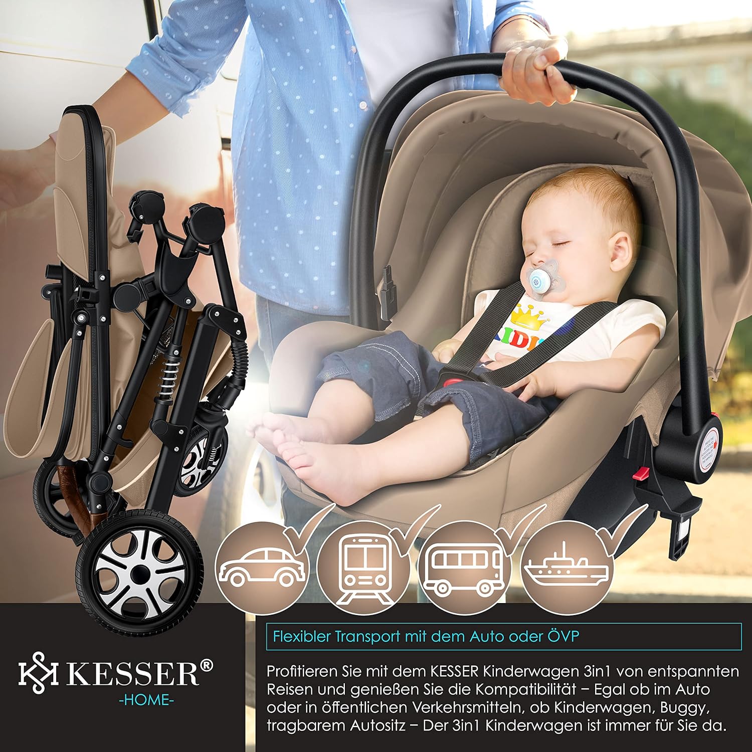 KESSER Passeggino trio Loops 3 in 1, set completo con navicella, seduta sportiva e seggiolino auto con pneumatici in gomma piena, borsa fasciatoio, parapioggia, tavolino, ECE R129, nero/champagne