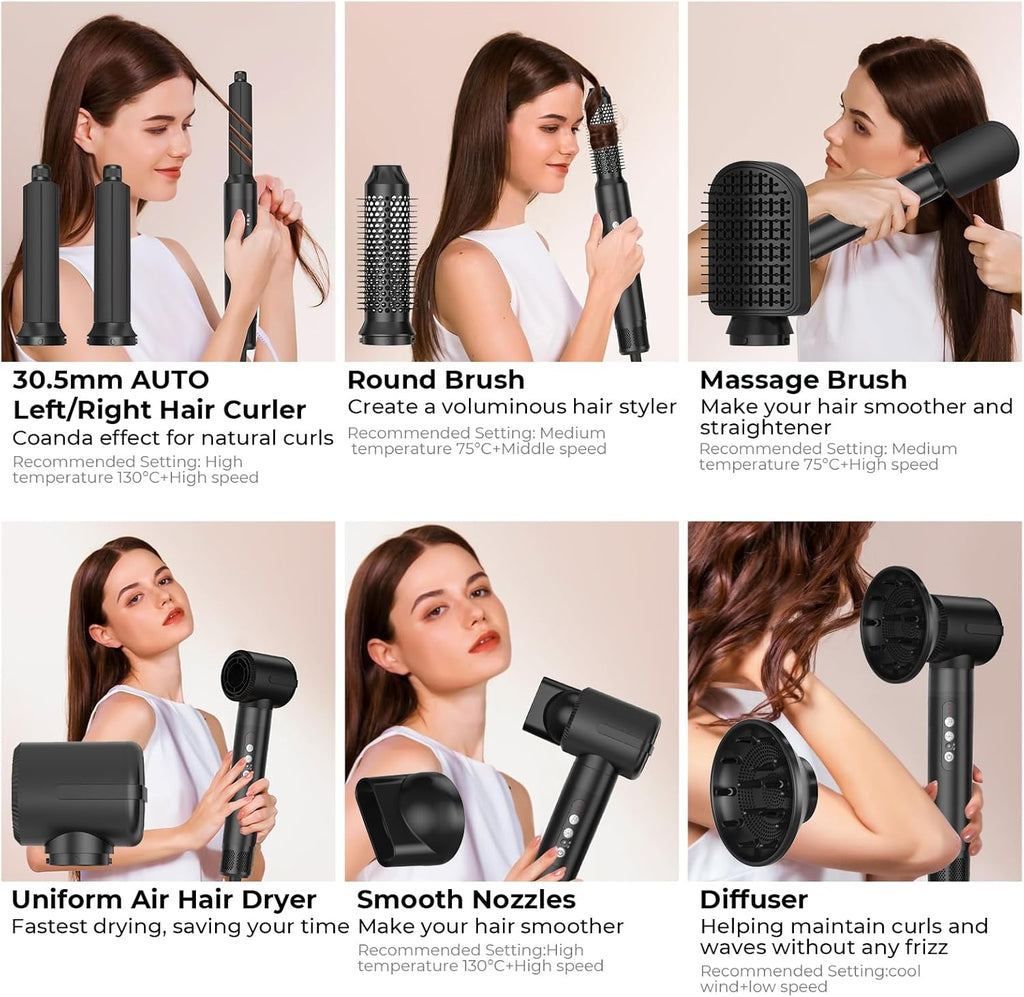 Asciugacapelli Air Styler 7 In 1, Motore ad Alta Velocità 110000 giri/min, Spazzola ad Aria Calda Con 7 Accessori, Asciugare, Lisciare, Arricciare, Dare Volume, Massaggiare il Cuoio Capelluto, Cura Ionica (Bianco)