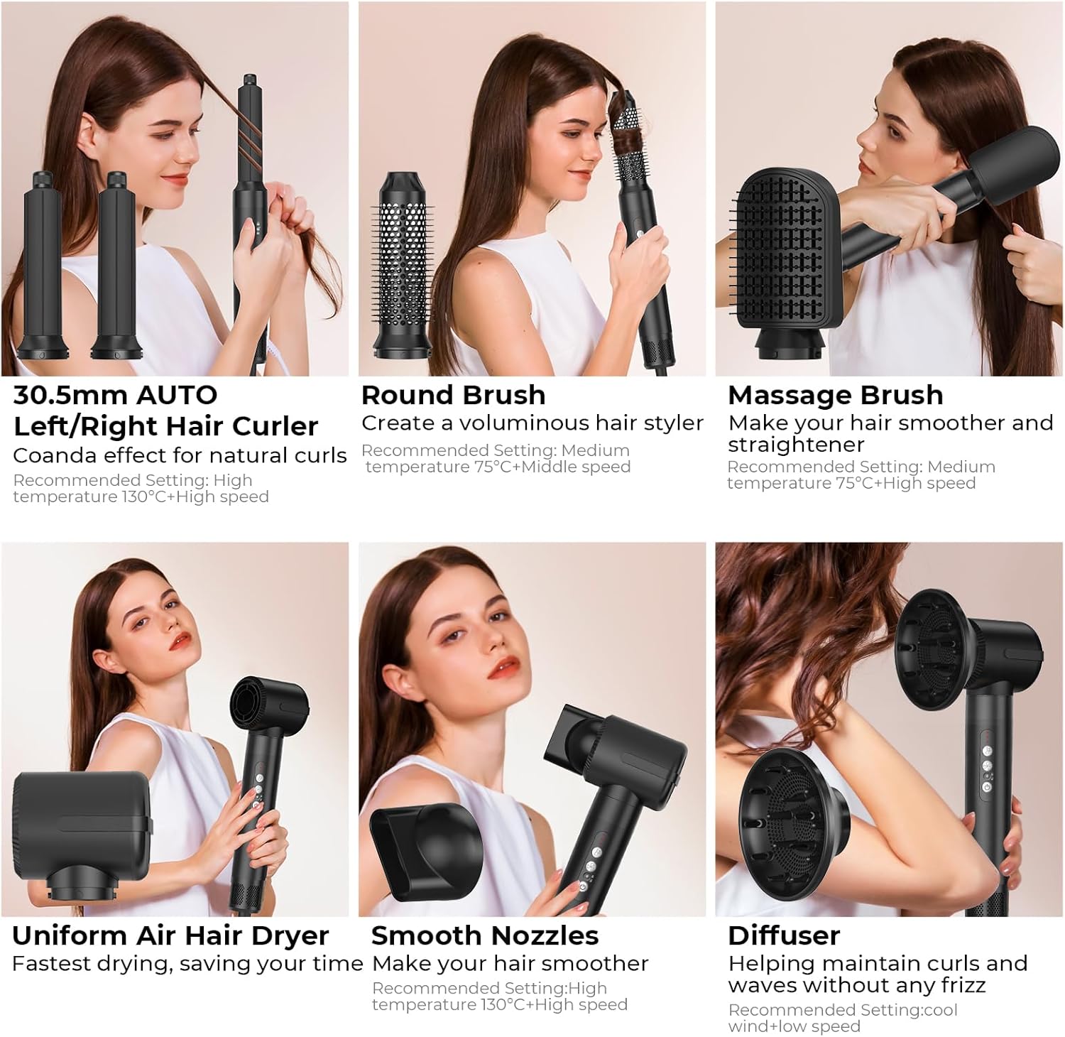 Asciugacapelli Air Styler 7 In 1, Motore ad Alta Velocità 110000 giri/min, Spazzola ad Aria Calda Con 7 Accessori, Asciugare, Lisciare, Arricciare, Dare Volume, Massaggiare il Cuoio Capelluto, Cura Ionica (Bianco)