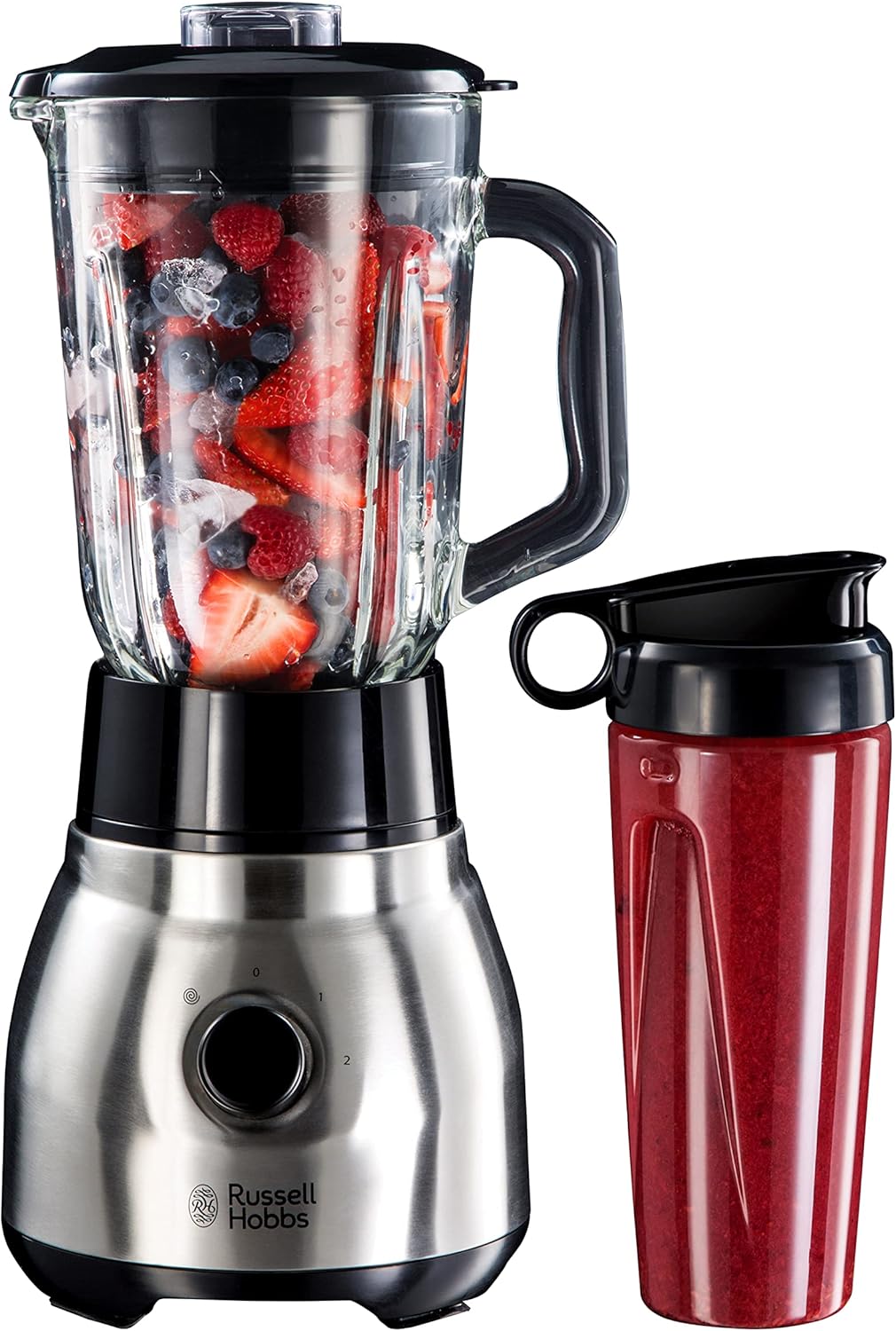Russell Hobbs Frullatore 2-in-1 [Frullatore con caraffa in vetro da 1,5 l e mini frullatore da 0,6 l con borraccia to-go con coperchio] Lavabile in lavastoviglie, Funzione Pulse/Tritaghiaccio, Bicchieri senza BPA, Acciaio inox 23821-56