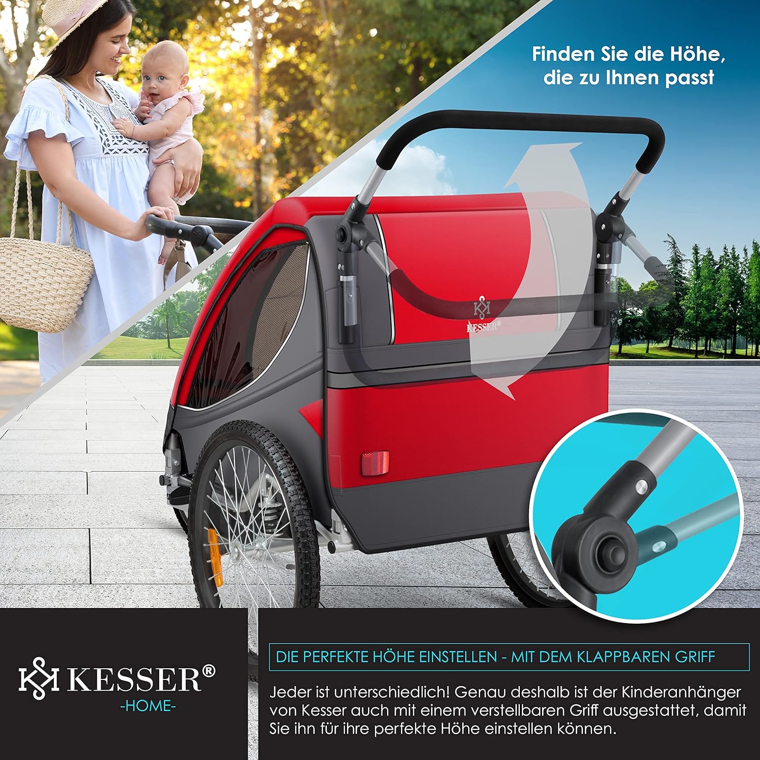 KESSER® Kinderanhänger Fahrradanhänger 360° Drehbar mit Federung 2in1 Joggerfunktion Kinderfahrradanhänger + 5-Punkt Gurt Jogger Fahrrad Anhänger für 1 bis 2 Kinder max. 40kg Inkl. Warnfahne, Schwarz