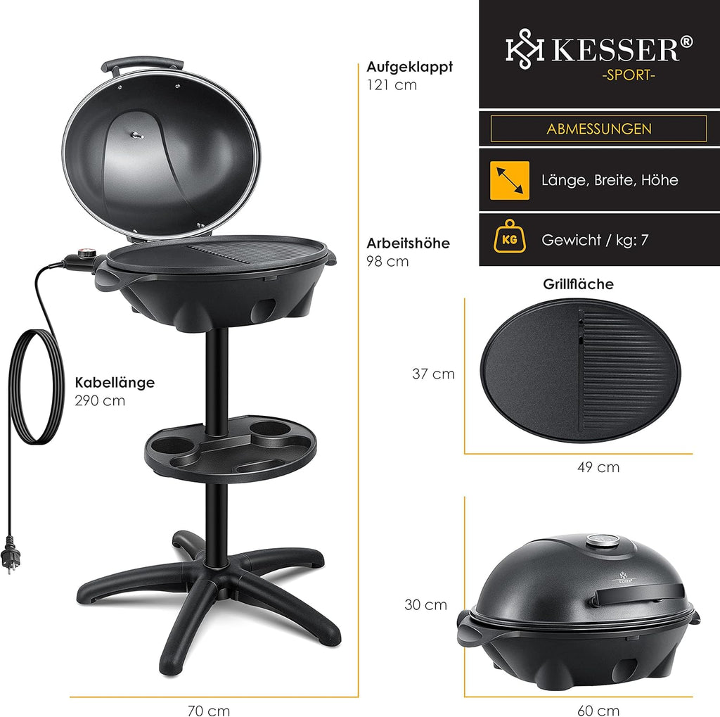 KESSER® Barbecue elettrico 2 in 1 da tavolo e da terra con coperchio, base, termometro max. 2400 Watt, piastra antiaderente XXL, ripiano, barbecue elettrico a colonna, set per barbecue incluso