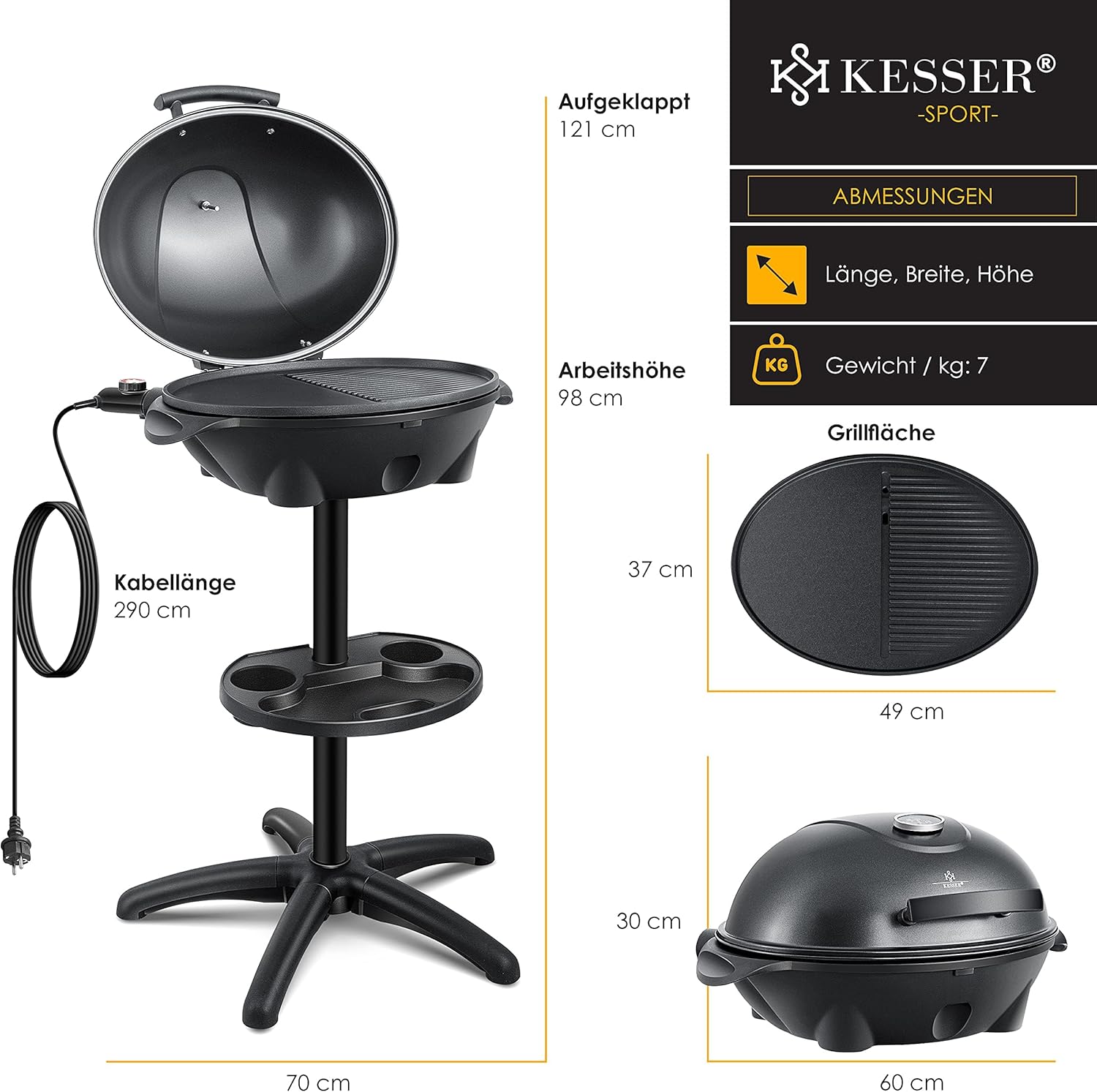 KESSER® Barbecue elettrico 2 in 1 da tavolo e da terra con coperchio, base, termometro max. 2400 Watt, piastra antiaderente XXL, ripiano, barbecue elettrico a colonna, set per barbecue incluso