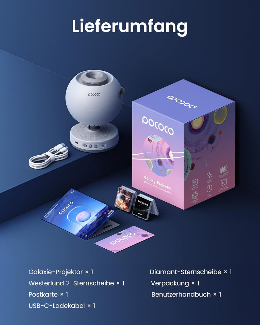 POCOCO Healing Vibes Geschenkbox, Sternenhimmel Projektor Kinder und Erwachsene, Sternenprojektor, Planetarium als Geschenk, Dekoration, Einschlafhilfe und Entspannung - mit 10 Scheiben und Spieluhr