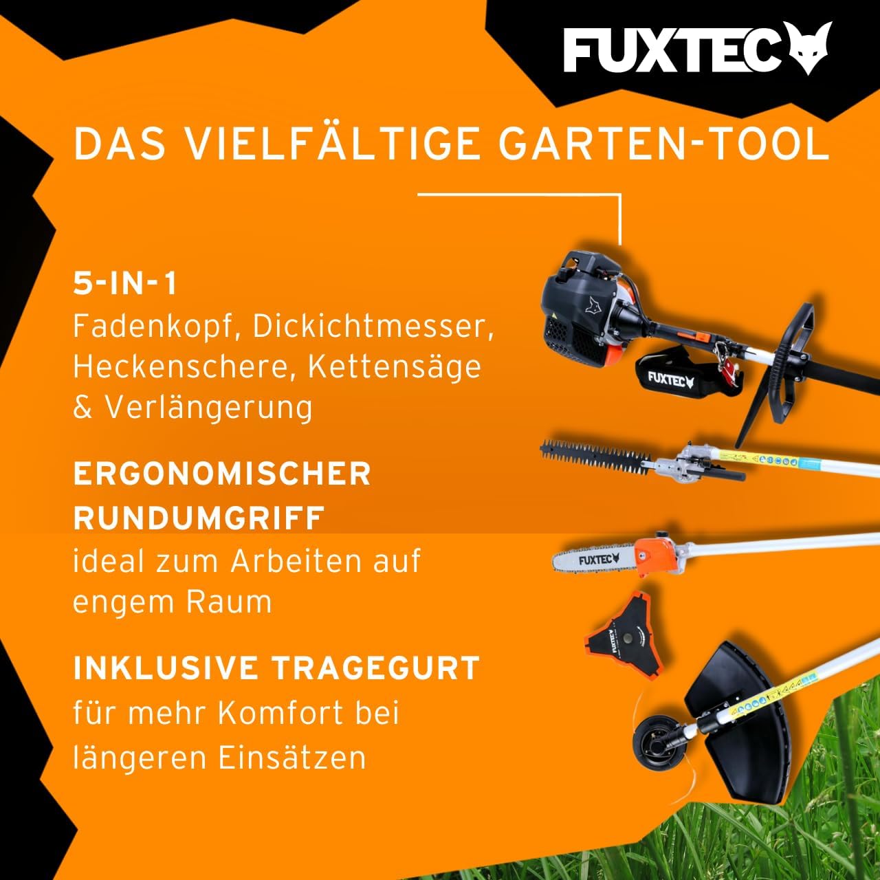 FUXTEC Decespugliatore a scoppio FX-MT152E Multitool 5in1, 52 cc, imbracatura professionale e prolunga da 1m inclusa, 3 CV, combinato tagliasiepi, potatore ad asta, sistema combinato, decespugliatore fs 2 tempi test di classe superiore 1,4